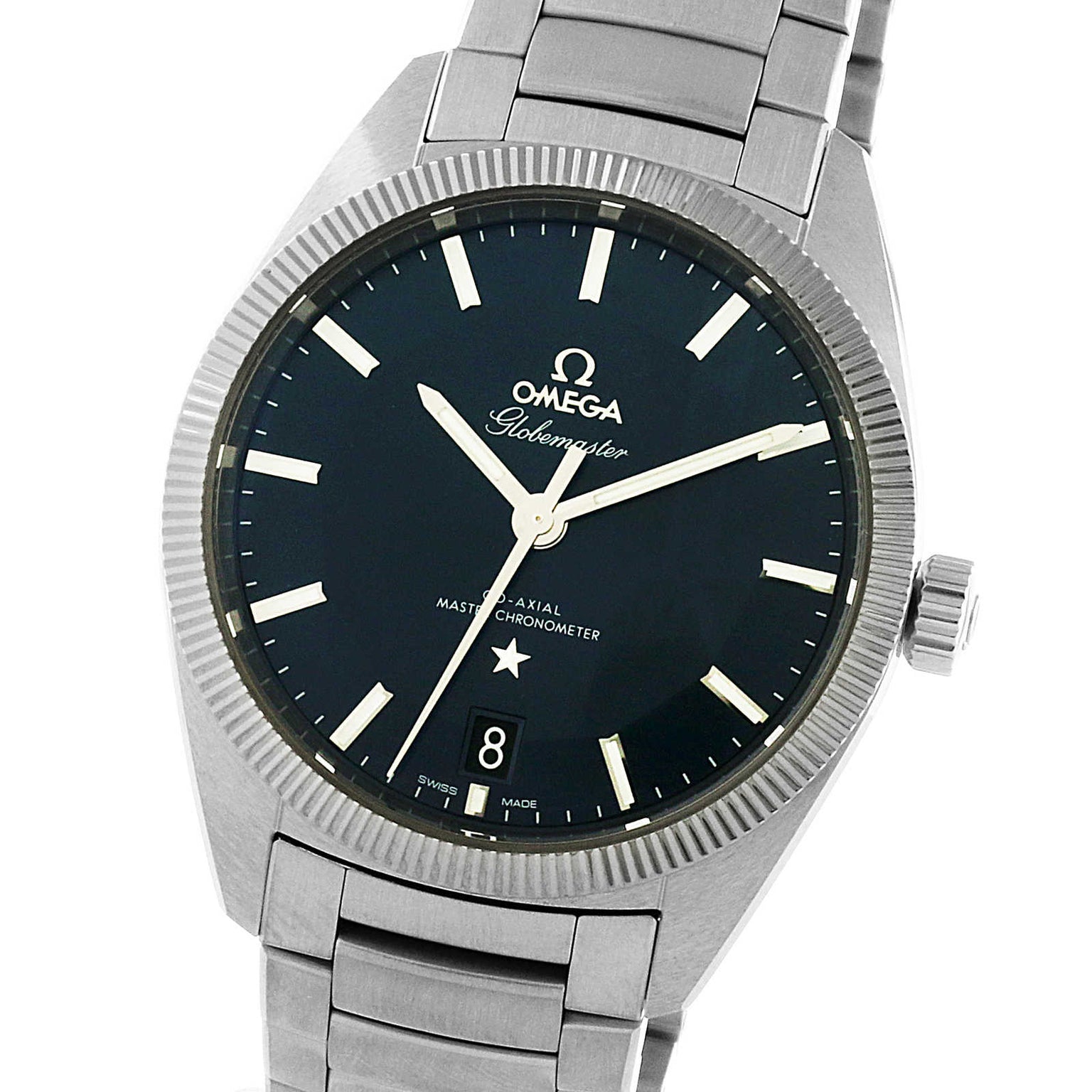 The OMEGA Constellation Globemaster features a stainless steel case, Master Chronometer movement, black dial with silver hour markers, date at 6 o’clock, fluted bezel, and a coordinating metal bracelet.