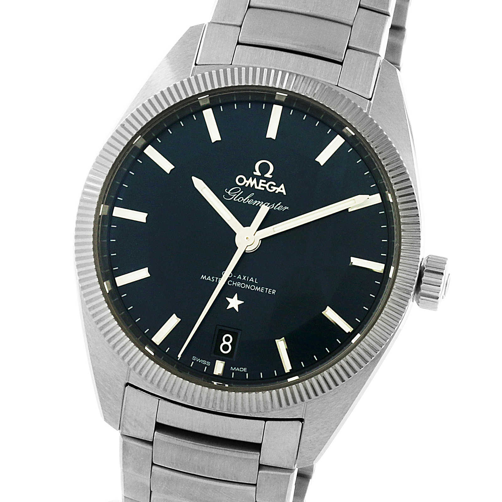 The OMEGA Constellation Globemaster features a stainless steel case, Master Chronometer movement, black dial with silver hour markers, date at 6 o’clock, fluted bezel, and a coordinating metal bracelet.
