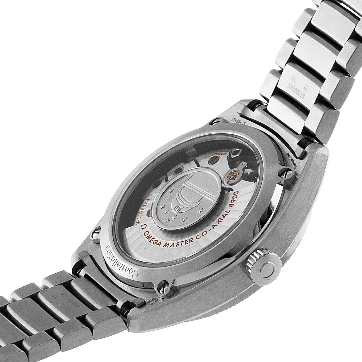 The image shows the back of the OMEGA Constellation Globemaster, featuring a stainless steel case and transparent back that reveals its Master Chronometer mechanical movement inside.