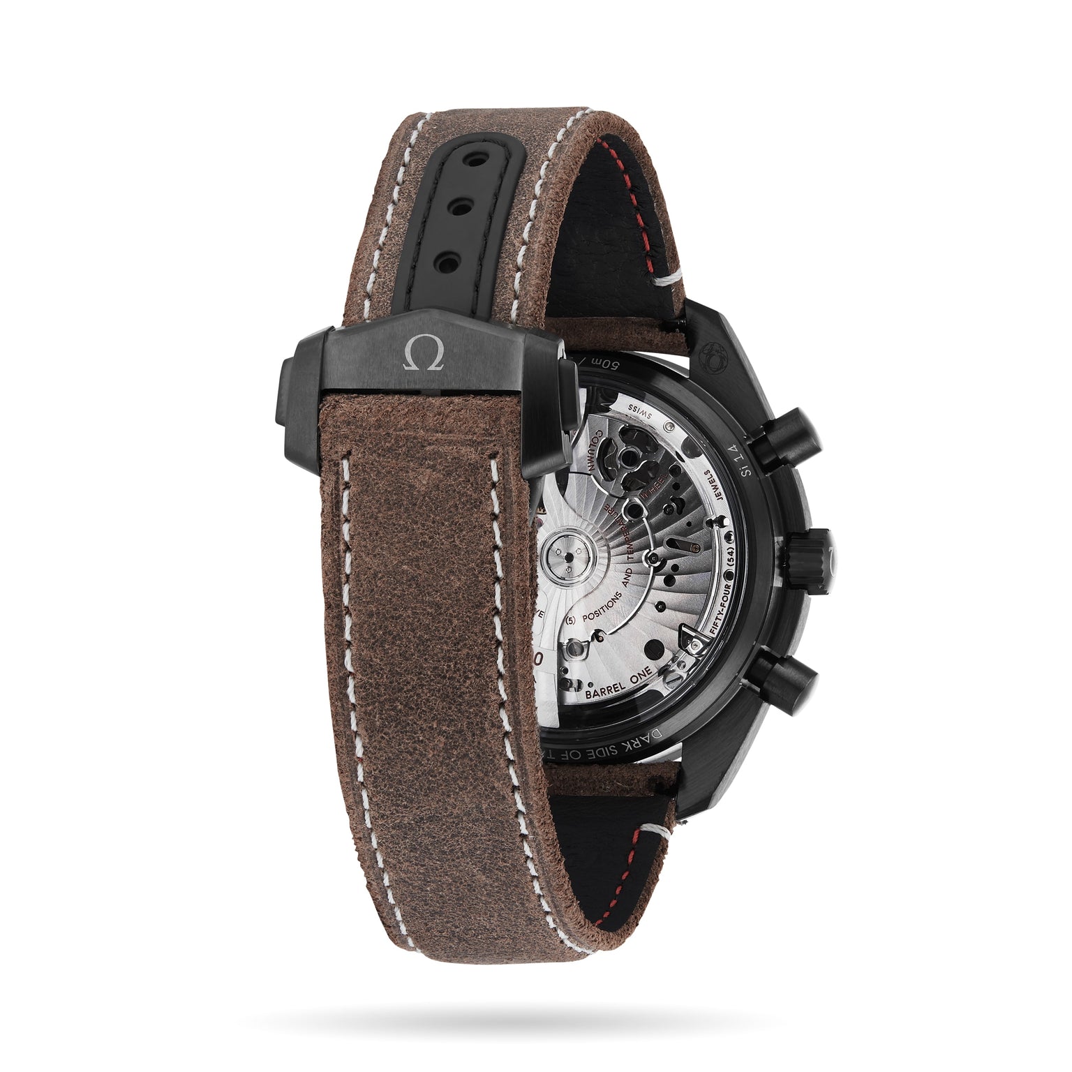 The OMEGA Speedmaster Dark Side Of The Moon features a brown leather strap, black case, white stitching, and visible mechanical movement inspired by the iconic 9300 calibre.