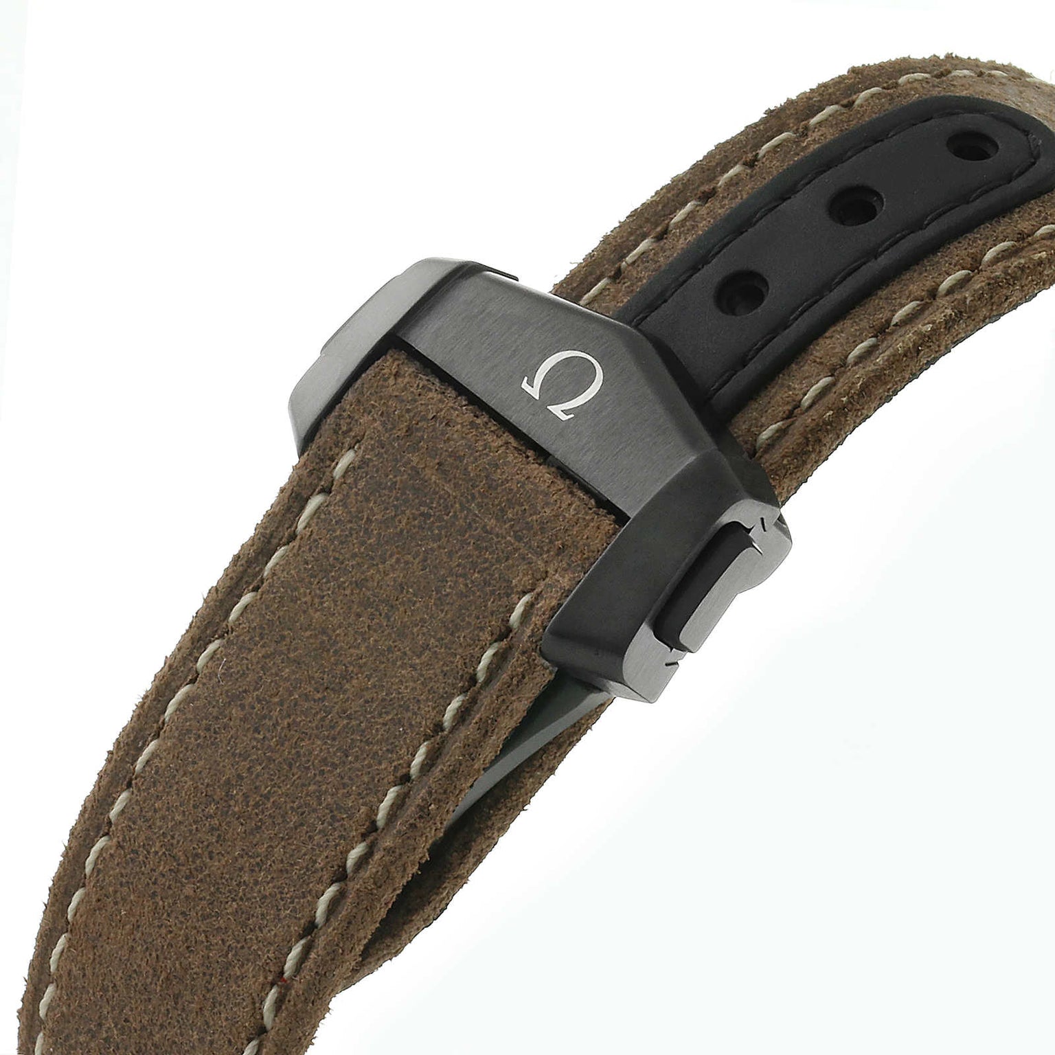 Close-up of a brown leather strap with white stitching and black clasp bearing the OMEGA logo, designed for the Speedmaster Dark Side Of The Moon.