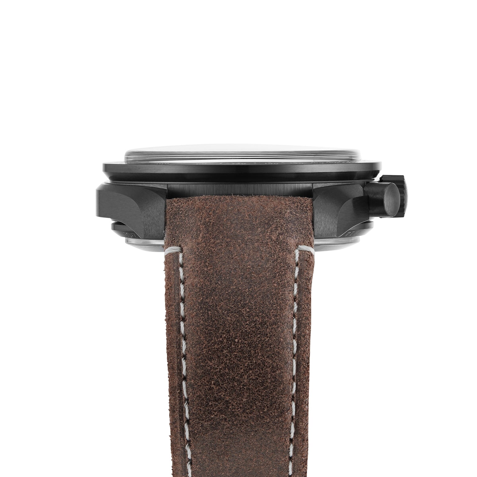Side view of the OMEGA Speedmaster Dark Side Of The Moon case with visible crown, attached to a brown leather strap featuring white stitching.