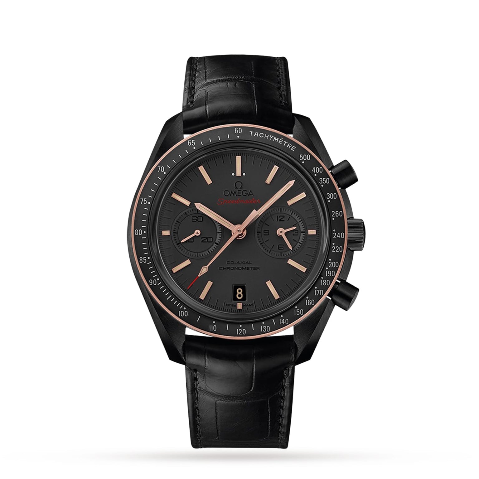 The OMEGA Speedmaster Dark Side Of The Moon Sedna Black features a black chronograph dial with rose gold accents, three subdials, and a black leather strap.