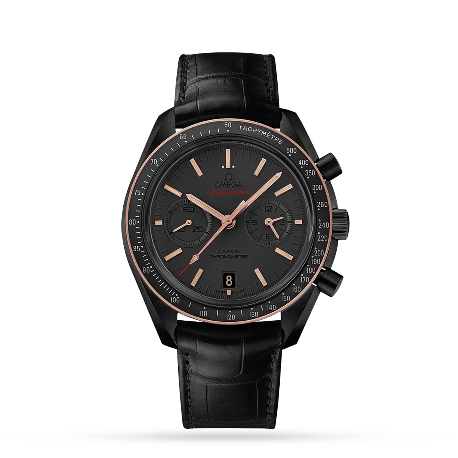 The OMEGA Speedmaster Dark Side Of The Moon Sedna Black features a black chronograph dial with rose gold accents, three subdials, and a black leather strap.