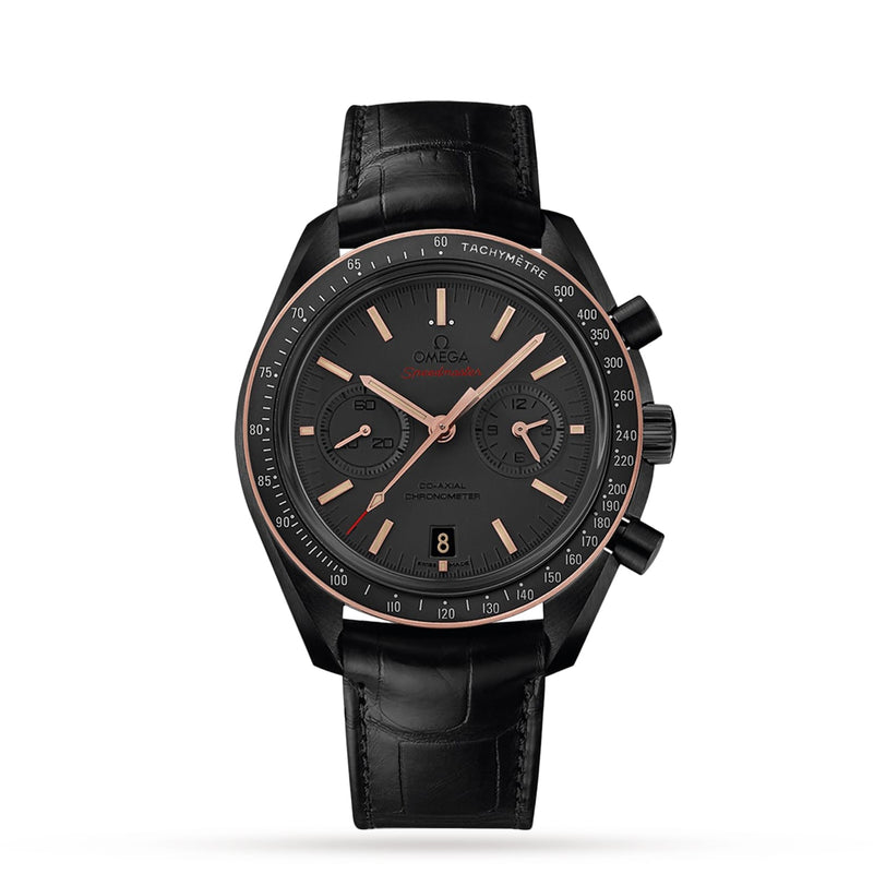 The OMEGA Speedmaster Dark Side Of The Moon Sedna Black features a black chronograph dial with rose gold accents, three subdials, and a black leather strap.