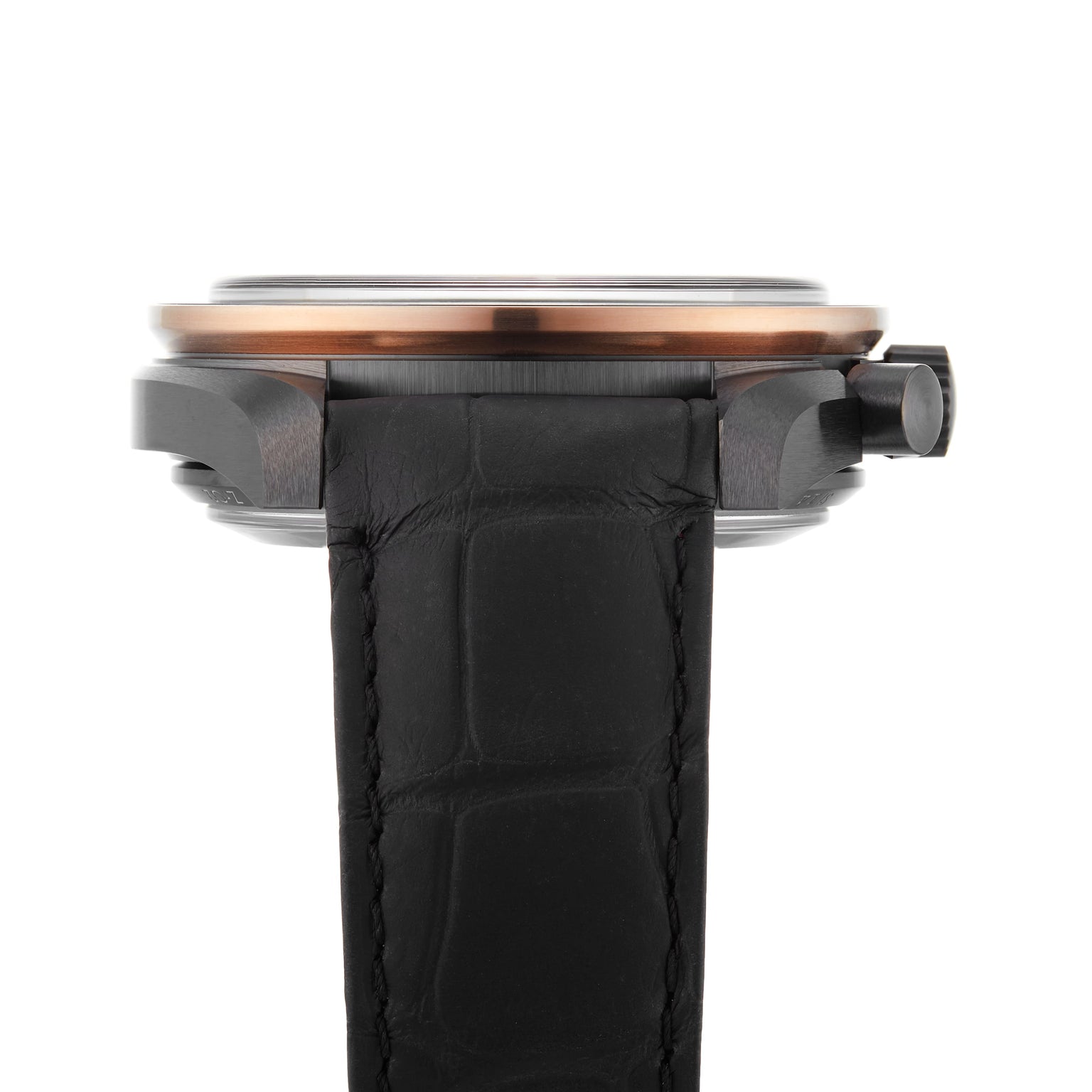 Side view of the OMEGA Speedmaster Dark Side Of The Moon Sedna Black, showcasing its black leather strap, refined metal case, and prominent crown on the right.