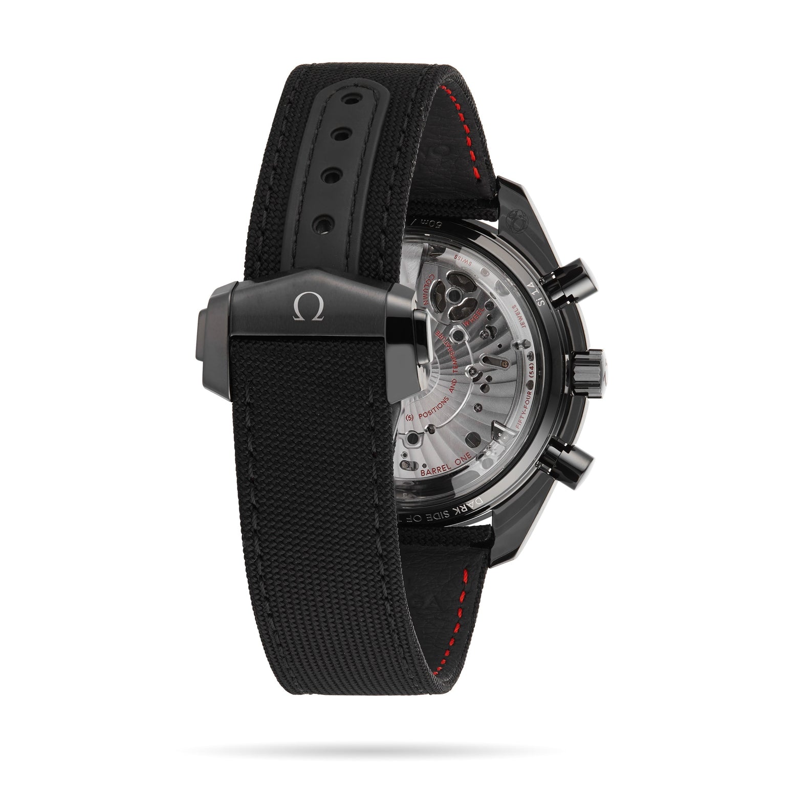 The OMEGA Speedmaster Dark Side of the Moon Black Black is shown from the back, highlighting its transparent case back and textured black strap with red stitching and a metal clasp—a tribute to lunar exploration.