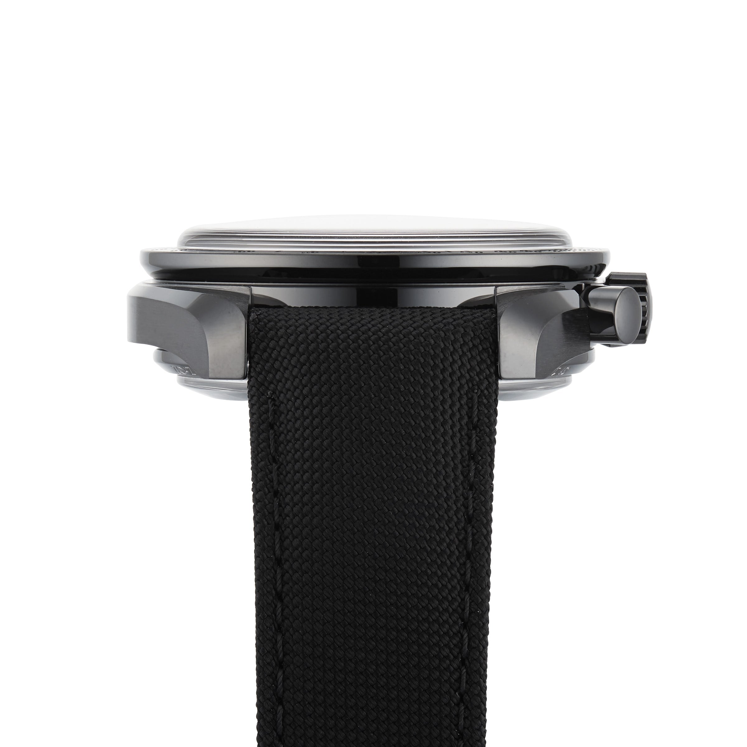 Side view of the OMEGA Speedmaster Dark Side of the Moon Black Black with a black fabric strap and round, silver case, focusing on the crown and thickness from OMEGA’s iconic collection.