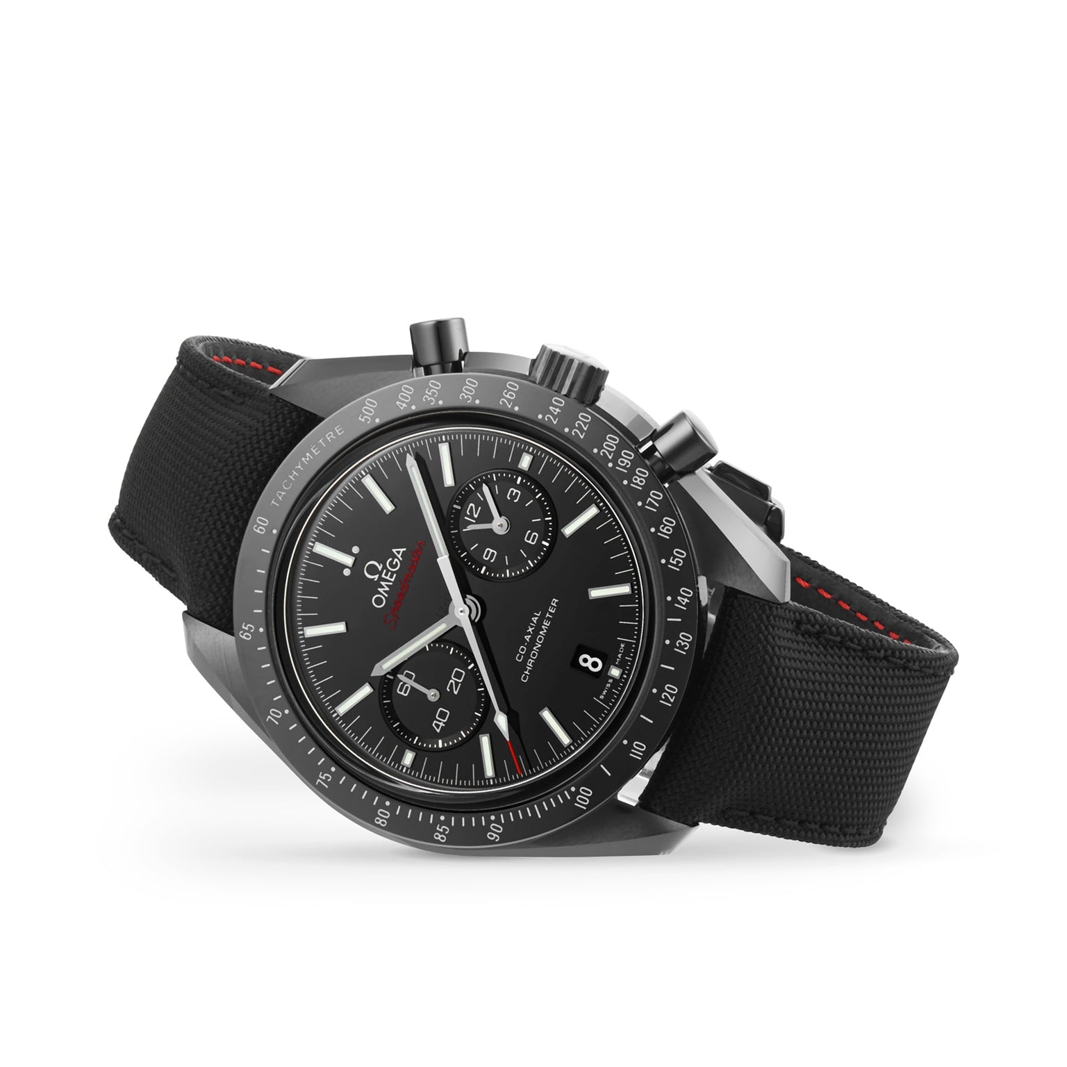 An OMEGA Speedmaster Dark Side of The Moon Ceramic wristwatch with chronograph, black dial, date display, and black fabric strap is shown on a plain white background.