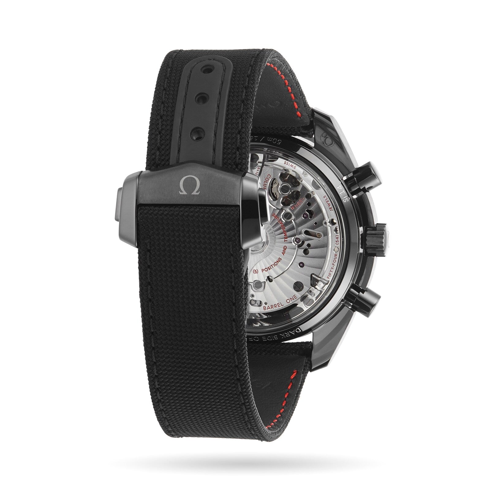 Close-up of the OMEGA Speedmaster Dark Side of The Moon Ceramic’s back, revealing its exposed mechanical movement, black ceramic strap with visible stitching, and OMEGA logo—Lunar legacy in every detail.