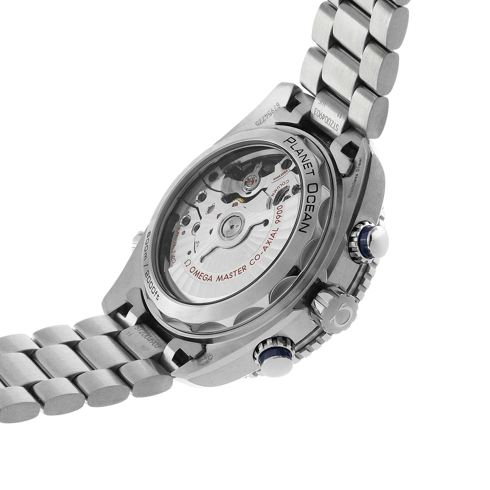 A close-up of the Seamaster Planet Ocean 600M by OMEGA showcases its Master Chronometer movement and stainless steel bracelet, reflecting the iconic Seamaster heritage.