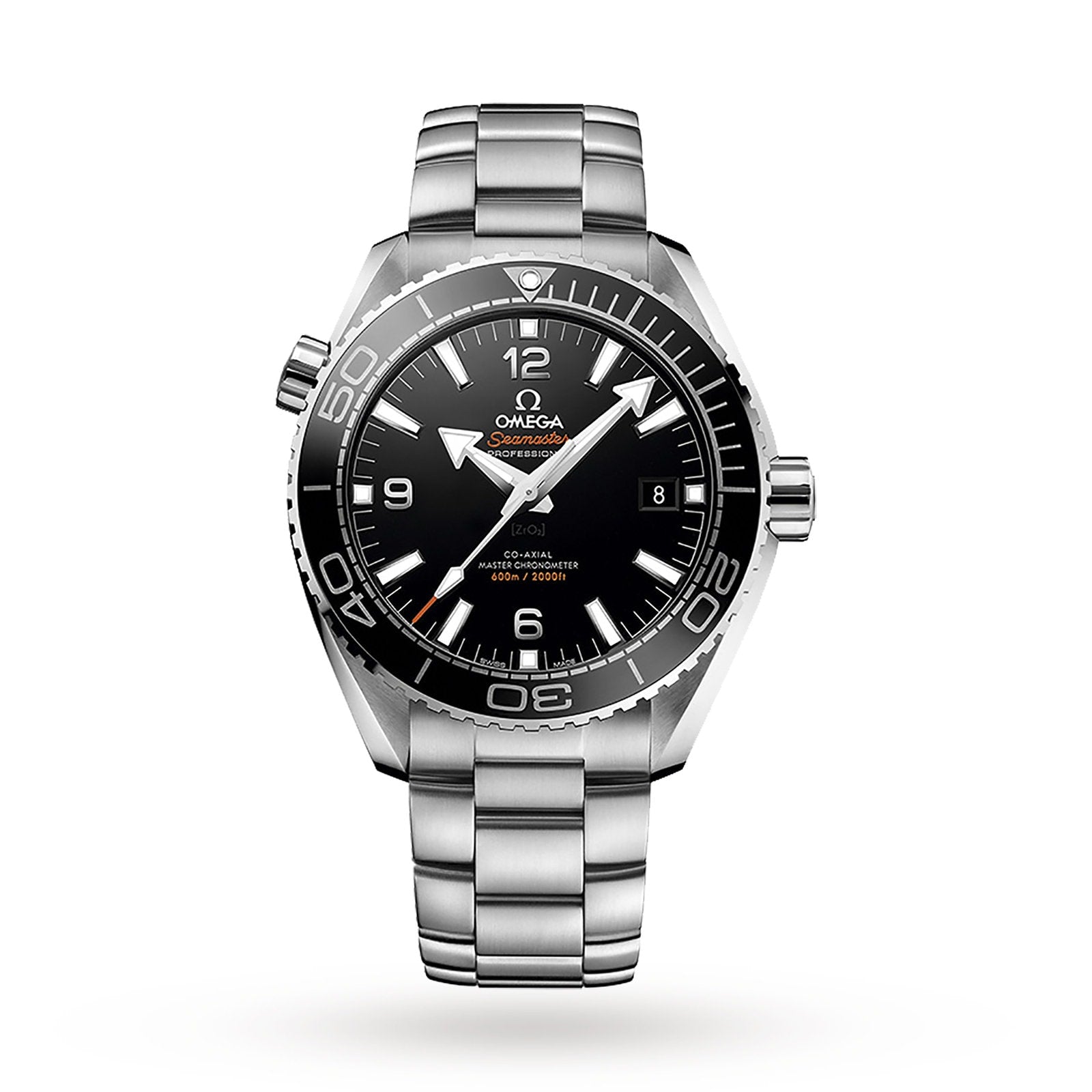 The OMEGA Seamaster Planet Ocean 600M dive watch features a stainless steel case, black dial, silver hour markers, date window, rotating bezel, and is displayed on a matching metal bracelet against a white background.