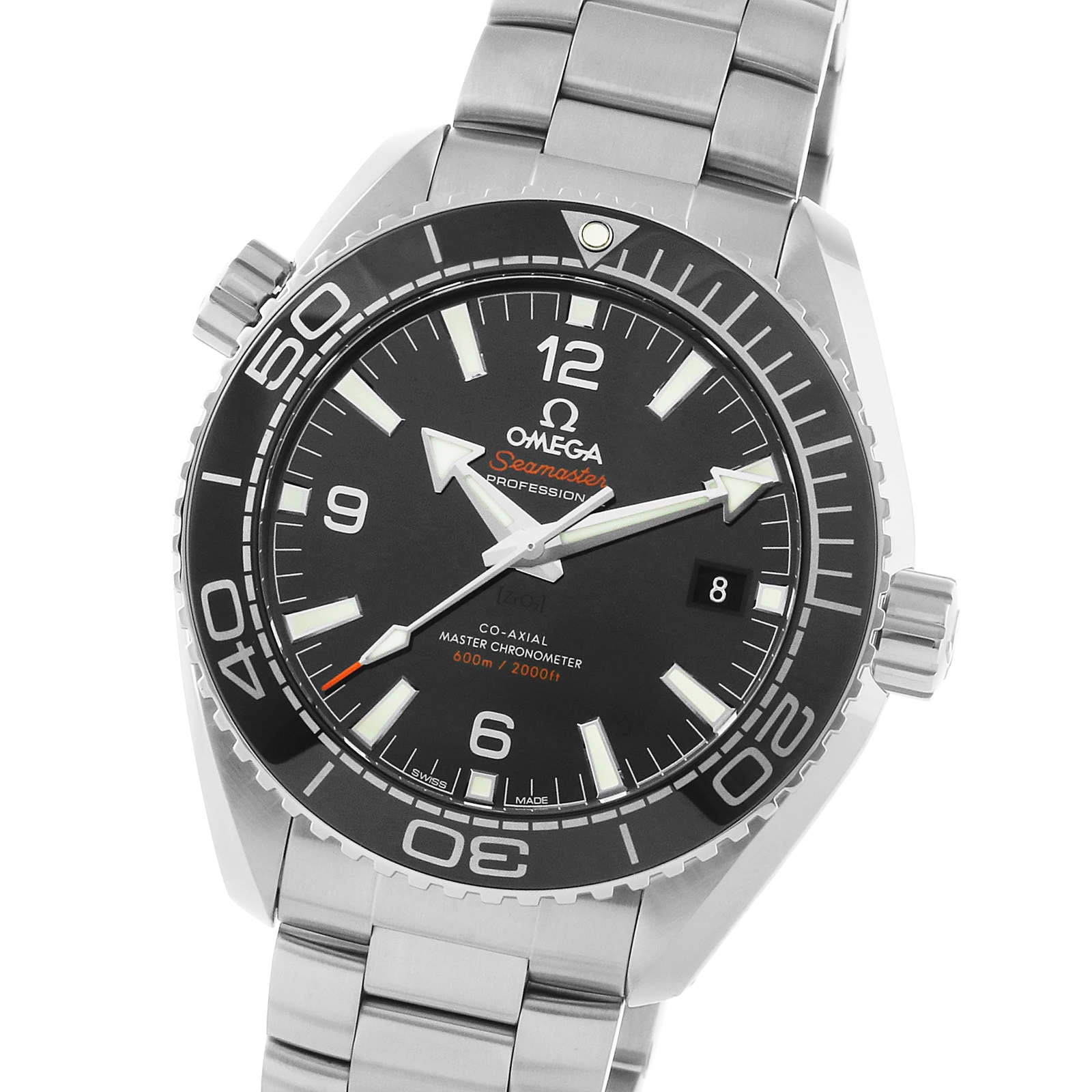 The OMEGA Seamaster Planet Ocean 600M is a stainless steel dive watch with a black dial, rotating bezel, date display, and white hour markers and hands.