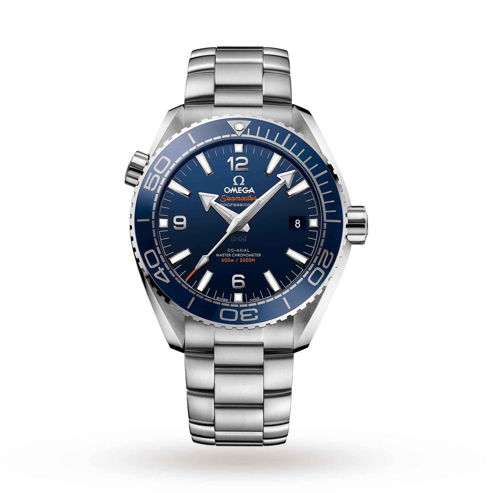 The OMEGA Seamaster Planet Ocean 600M is a stainless steel dive watch with a blue dial, silver hour markers, date at 3 o’clock, metal bracelet, and Master Chronometer certification, shown on a white background.