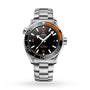 The OMEGA Seamaster Planet Ocean 600M features a stainless steel case, black dial with orange accents, black ceramic unidirectional bezel, date display, and a matching metal bracelet—epitomizing classic Seamaster heritage.