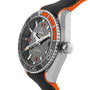 A close-up of the OMEGA Seamaster Planet Ocean 600M, featuring a black and orange bezel, black textured strap, silver casing, and part of its Master Chronometer-certified face.
