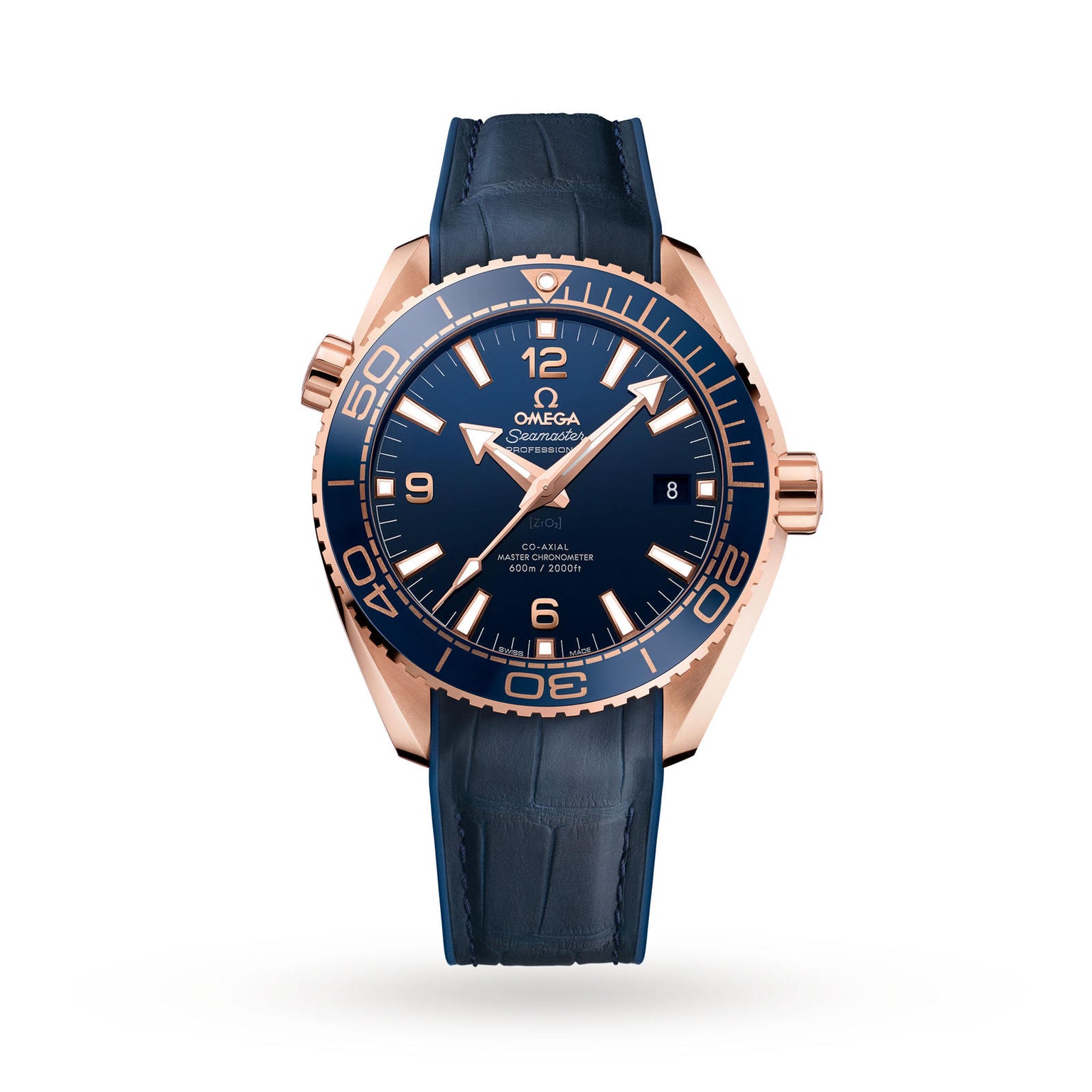 OMEGA Seamaster Planet Ocean 600M wristwatch with blue dial, gold bezel, blue leather strap, and date window at 3 o’clock is displayed on a plain white background.