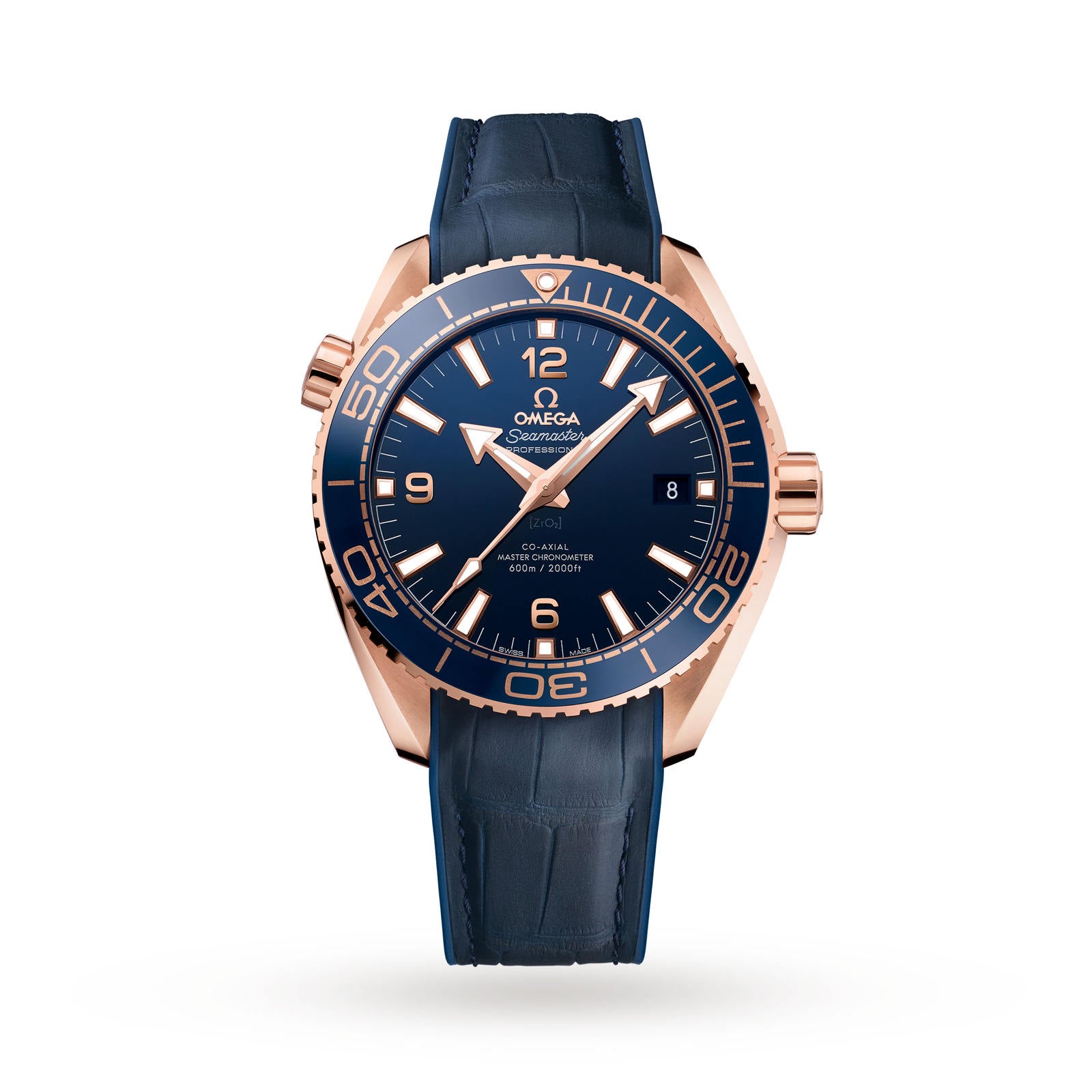 OMEGA Seamaster Planet Ocean 600M wristwatch with blue dial, gold bezel, blue leather strap, and date window at 3 o’clock is displayed on a plain white background.