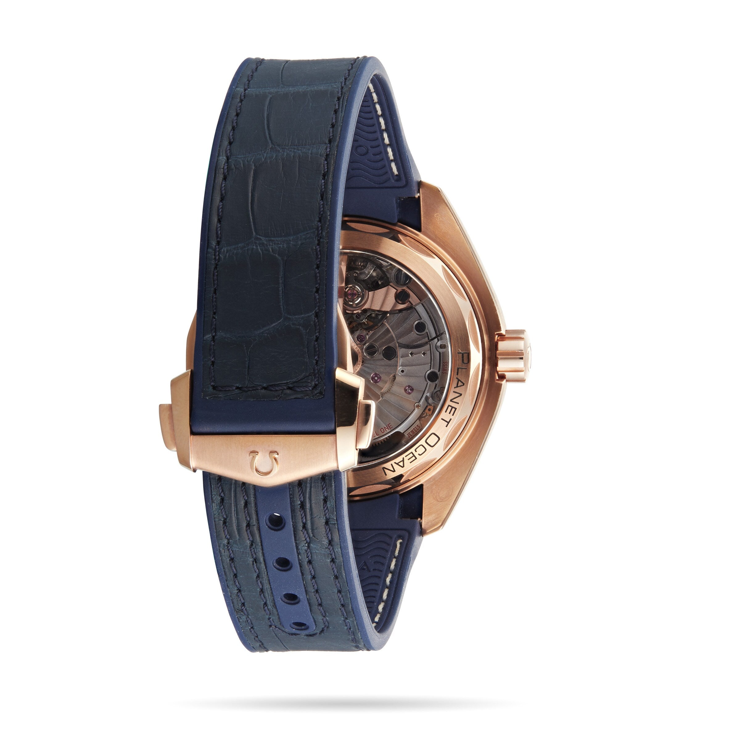 Back view of the OMEGA Seamaster Planet Ocean 600M, featuring a blue leather strap, rose gold case, and visible mechanical movement through a transparent case back—crafted to Master Chronometer standards.