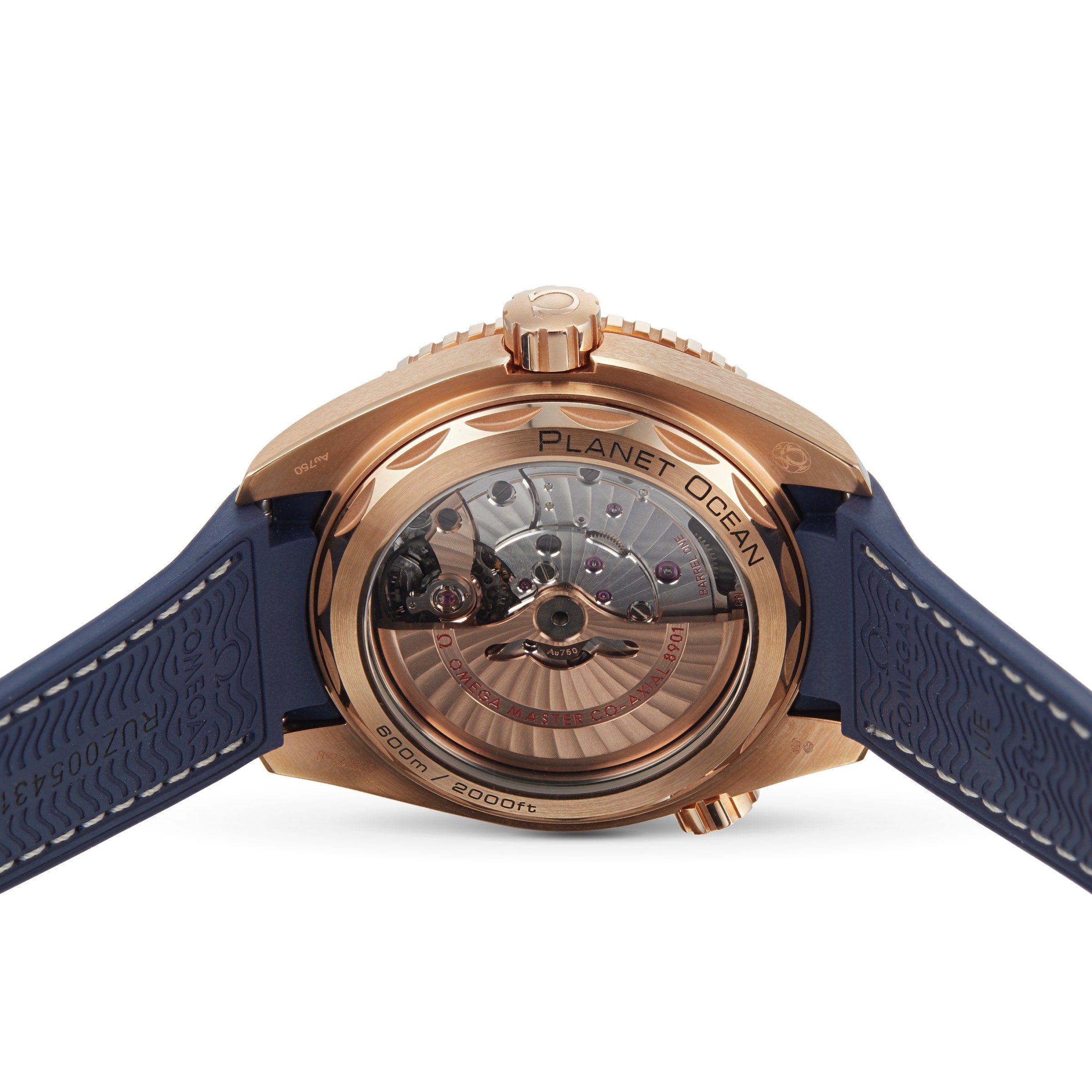 Close-up of the back of the OMEGA Seamaster Planet Ocean 600M, featuring a transparent case showcasing Master Chronometer-certified mechanical components and a blue strap.