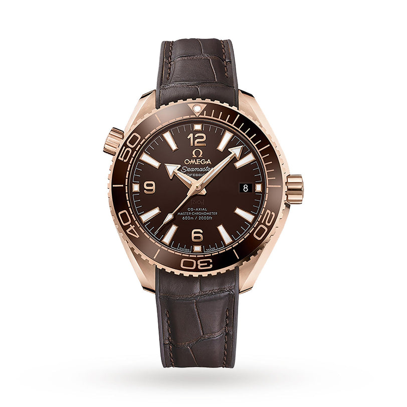 A brown OMEGA Seamaster Planet Ocean 600M wristwatch with a rose gold case, brown dial, date window at 3 o’clock, and brown leather strap is displayed on a white background.