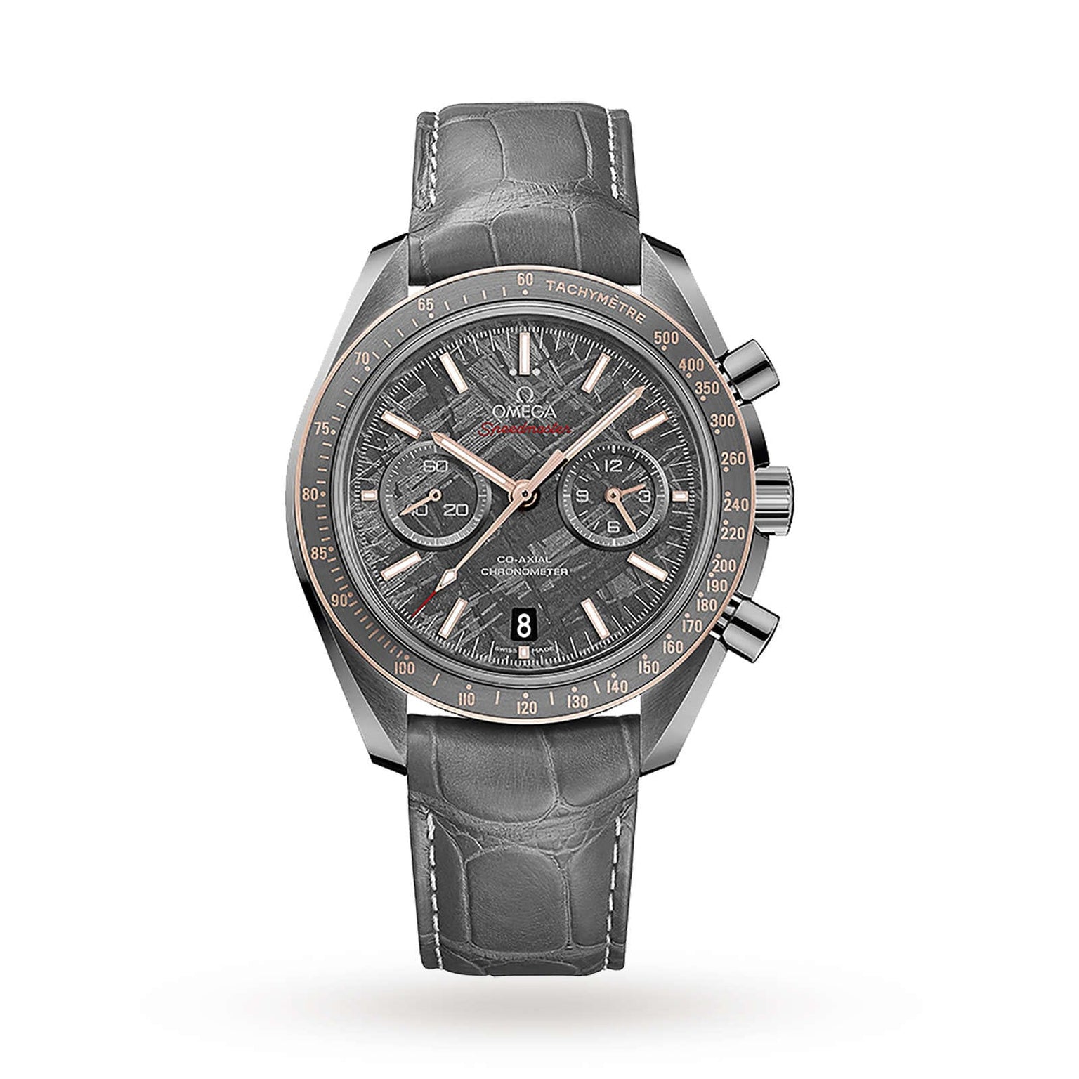 The OMEGA Speedmaster Dark Side of the Moon Meteorite is a grey chronograph wristwatch featuring a lunar dust-inspired textured dial, three subdials, tachymeter bezel, date window, and a grey leather strap.