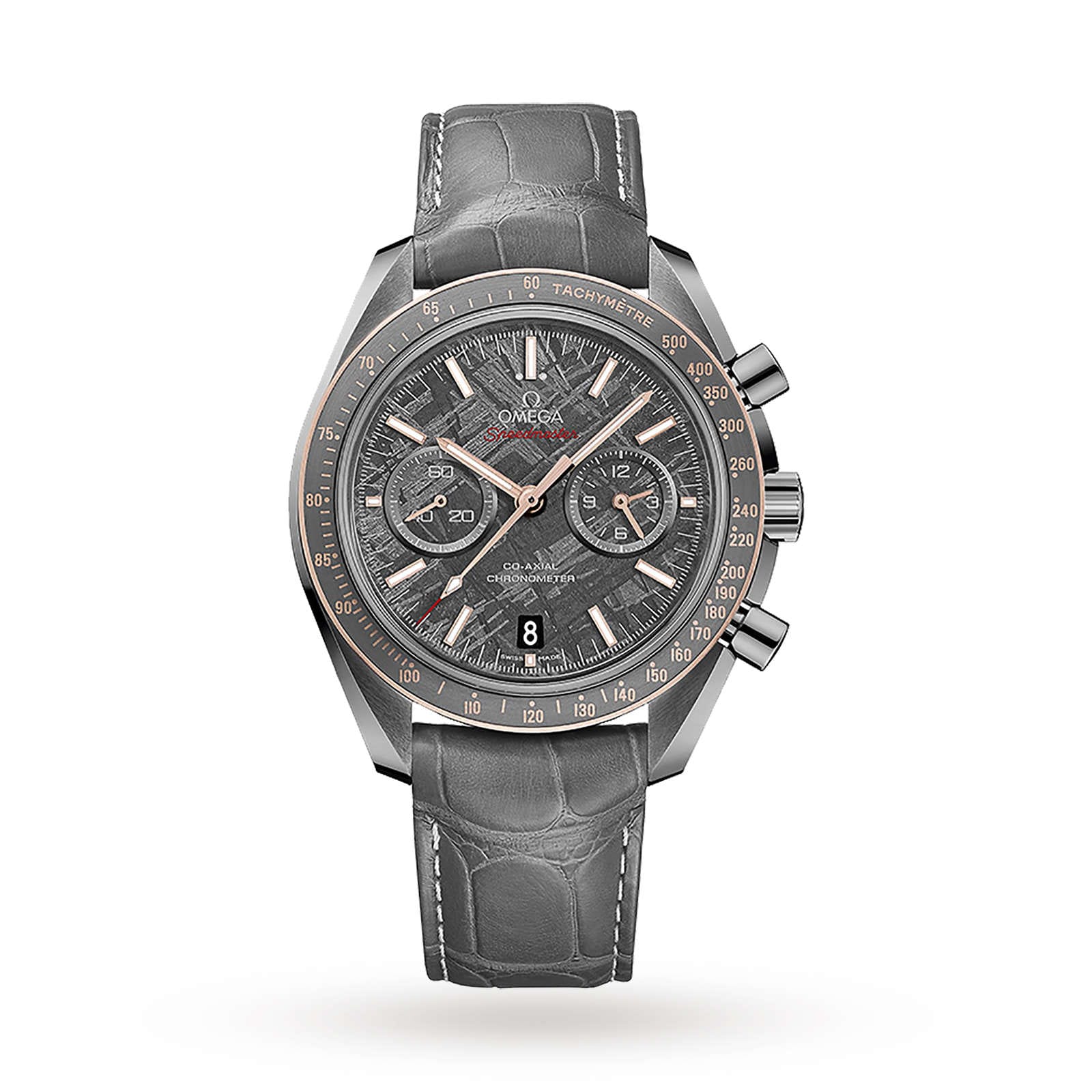 The OMEGA Speedmaster Dark Side of the Moon Meteorite is a grey chronograph wristwatch featuring a lunar dust-inspired textured dial, three subdials, tachymeter bezel, date window, and a grey leather strap.