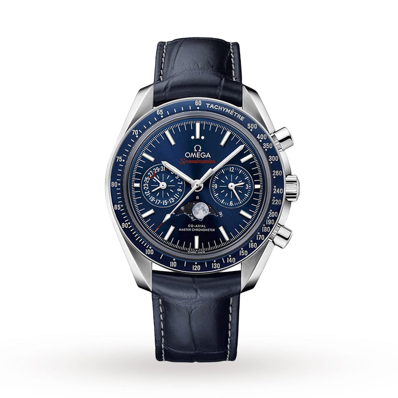 A blue OMEGA Speedmaster Moonphase wristwatch with a chronograph, moonphase indicator, and black leather strap is shown on a white background.