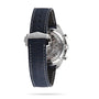 Back view of the OMEGA Speedmaster Moonphase showing its transparent case back, visible movement, stainless steel case, blue leather strap with white stitching and a deployment clasp. Features Master Chronometer certification.