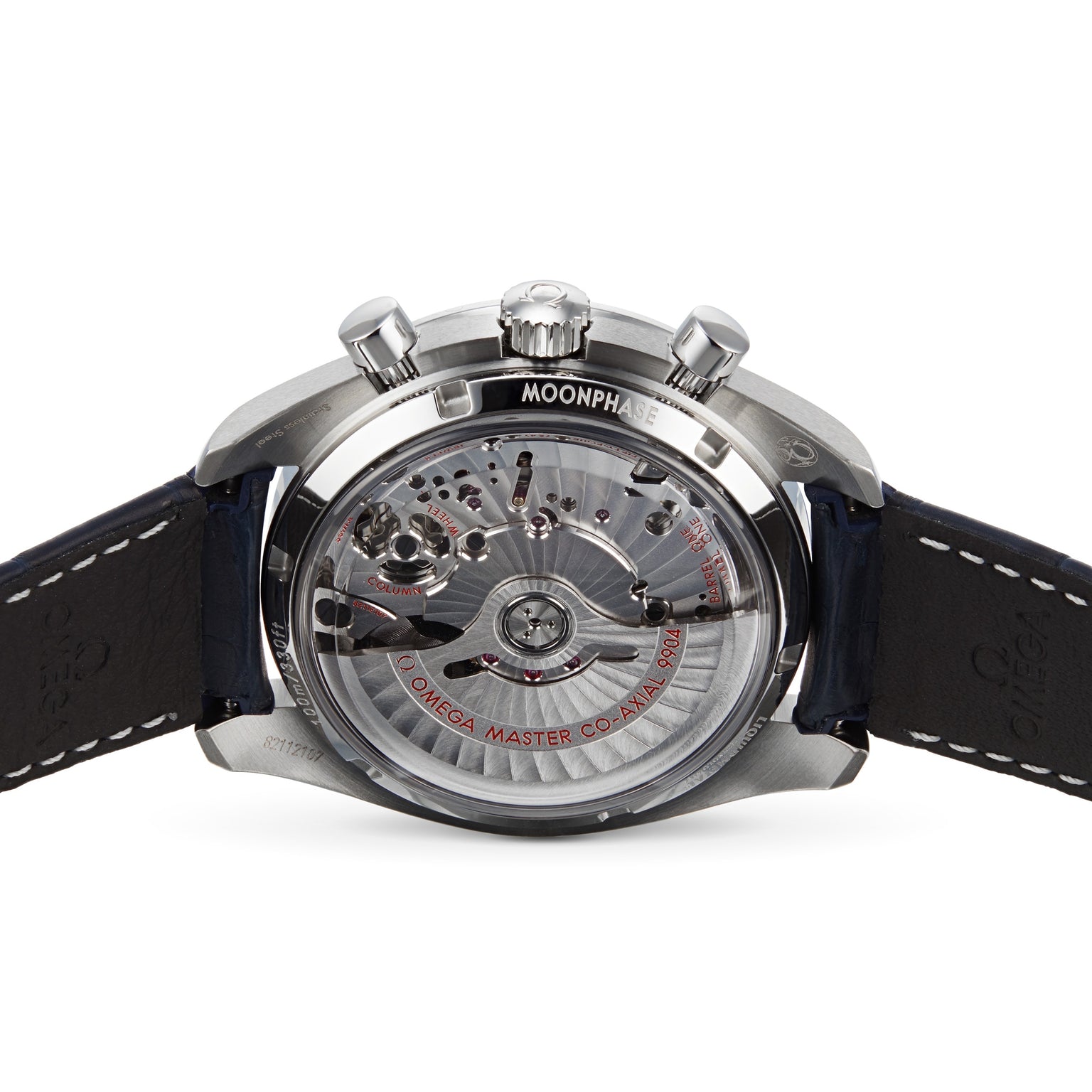 Back view of the OMEGA Speedmaster Moonphase showcasing a transparent case back, visible movement, and engraved text MOONPHASE and OMEGA MASTER CO-AXIAL, highlighting its signature moonphase indicator.