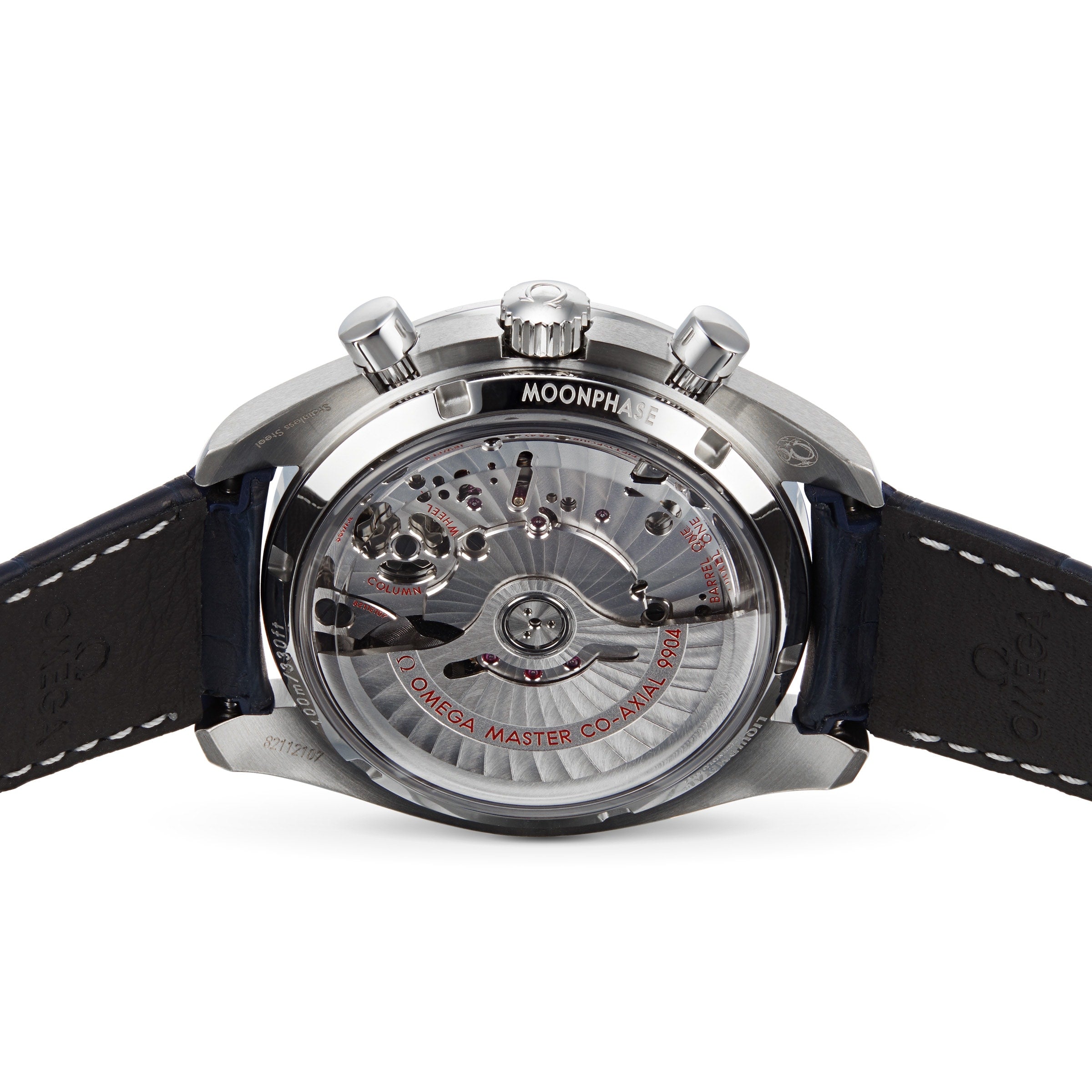 Back view of the OMEGA Speedmaster Moonphase showcasing a transparent case back, visible movement, and engraved text MOONPHASE and OMEGA MASTER CO-AXIAL, highlighting its signature moonphase indicator.