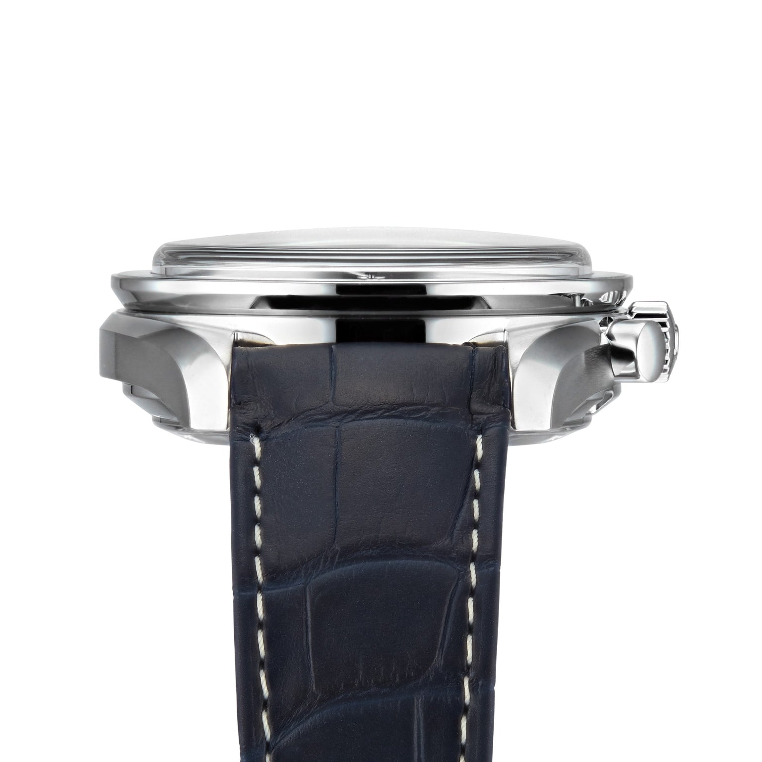 Side view of an OMEGA Speedmaster Moonphase watch case in silver, paired with a black leather strap accented by white stitching.