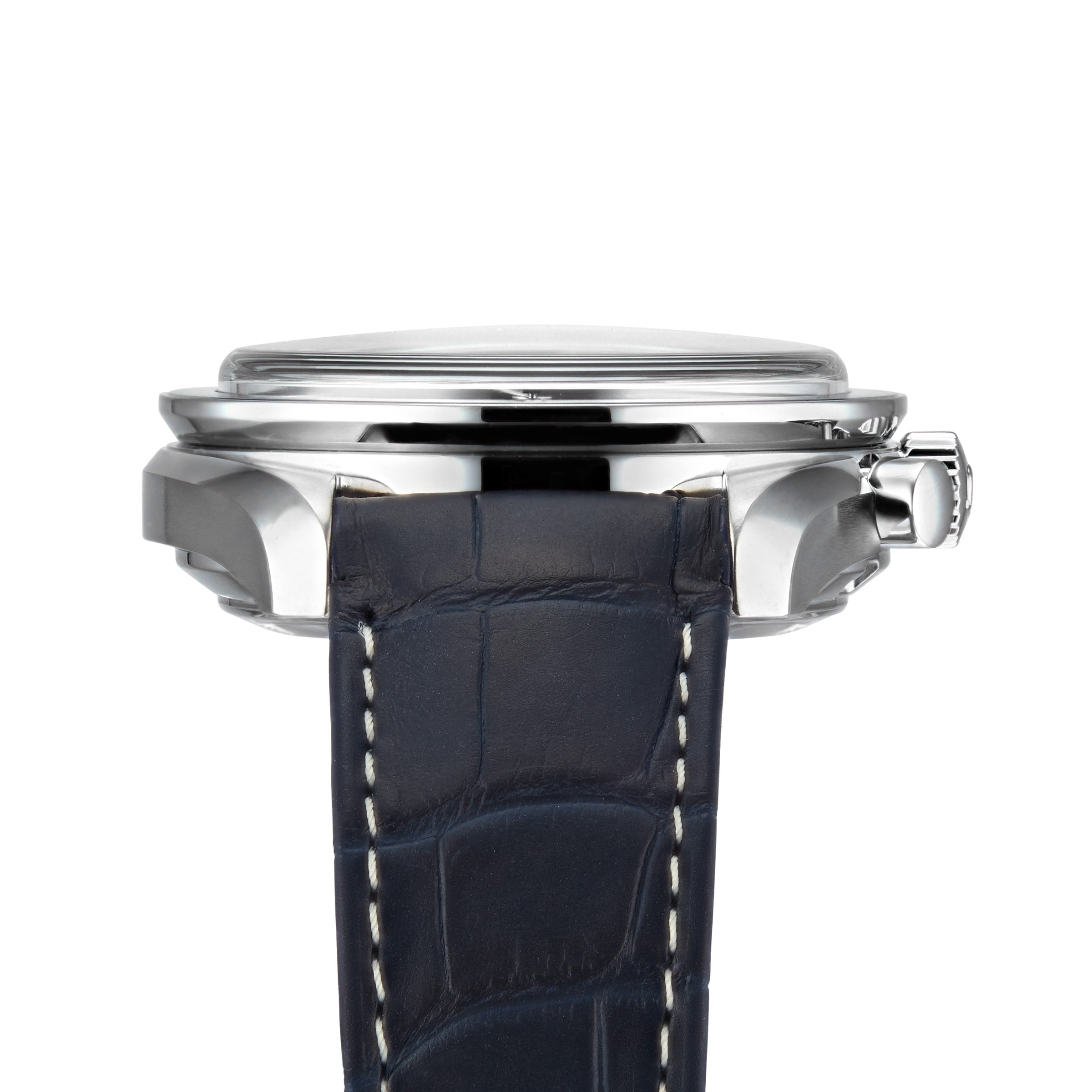 Side view of an OMEGA Speedmaster Moonphase watch case in silver, paired with a black leather strap accented by white stitching.