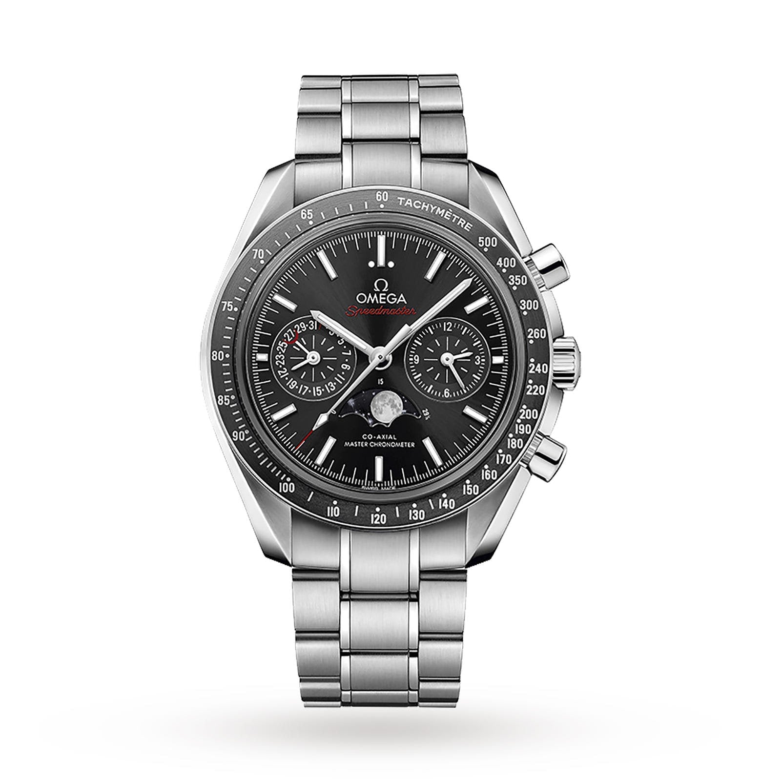 An OMEGA Speedmaster Moonphase wristwatch with a black dial, chronograph subdials, tachymeter bezel, and metal link bracelet is photographed against a white background.