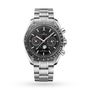 An OMEGA Speedmaster Moonphase wristwatch with a black dial, chronograph subdials, tachymeter bezel, and metal link bracelet is photographed against a white background.