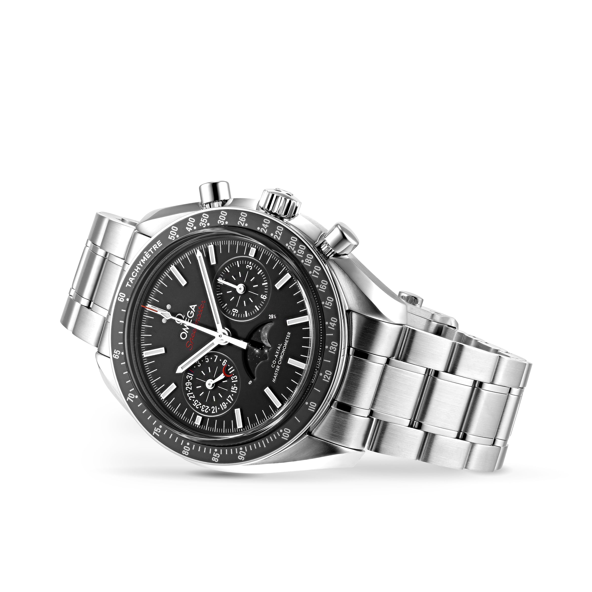 The OMEGA Speedmaster Moonphase is a stainless steel chronograph watch featuring a black dial, moonphase indicator, three subdials, tachymeter bezel, and metal bracelet, shown against a white background.