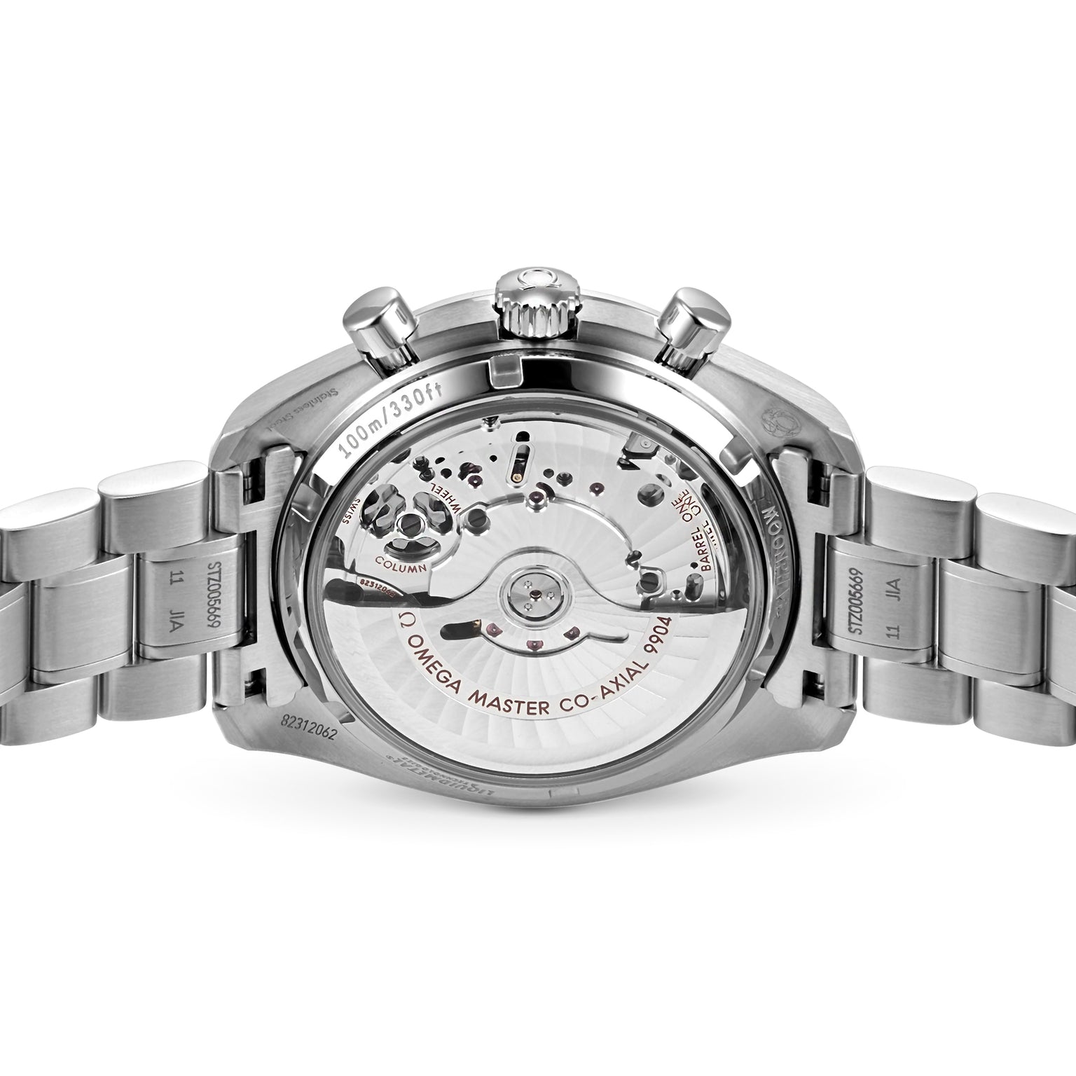 Back view of the OMEGA Speedmaster Moonphase, featuring a stainless steel case, transparent case back revealing its mechanical movement, and a matching stainless steel bracelet.