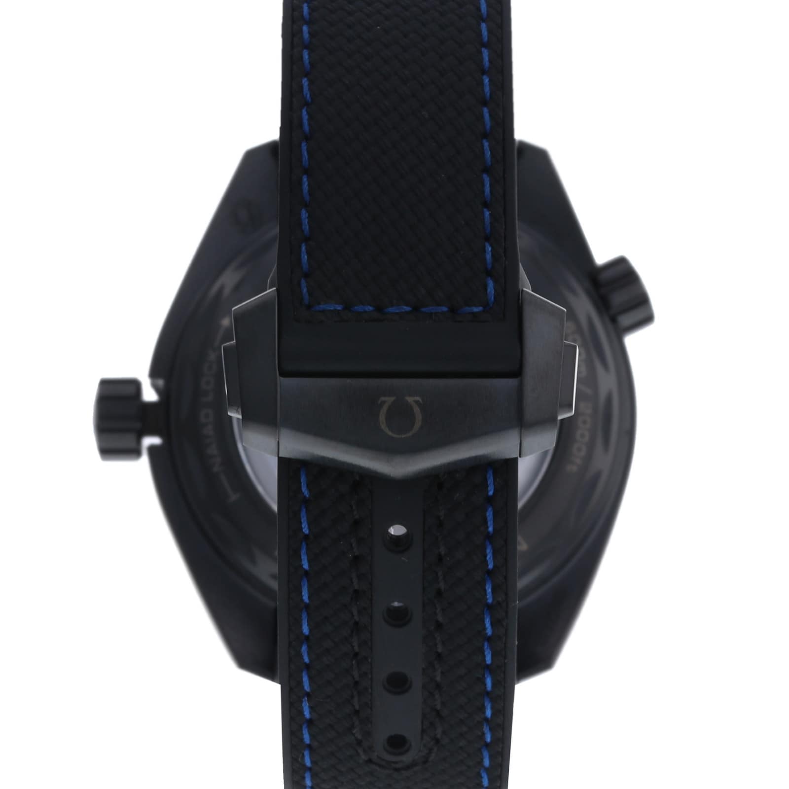Black OMEGA Seamaster Planet Ocean 600M wristwatch shown from the back, featuring a textured leather strap with blue stitching and a metallic buckle—crafted for style and durability.
