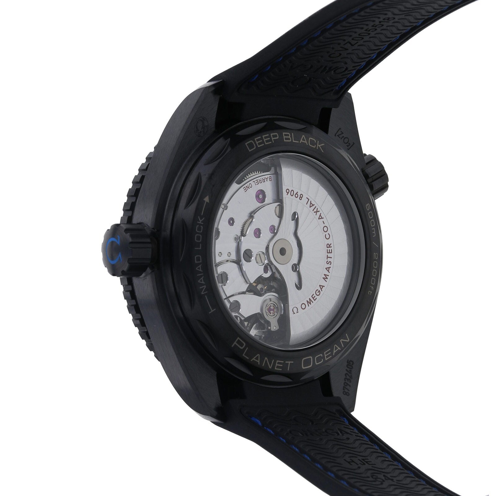 Close-up of the back of the OMEGA Seamaster Planet Ocean 600M, showcasing its transparent case back and detailed mechanical movement.