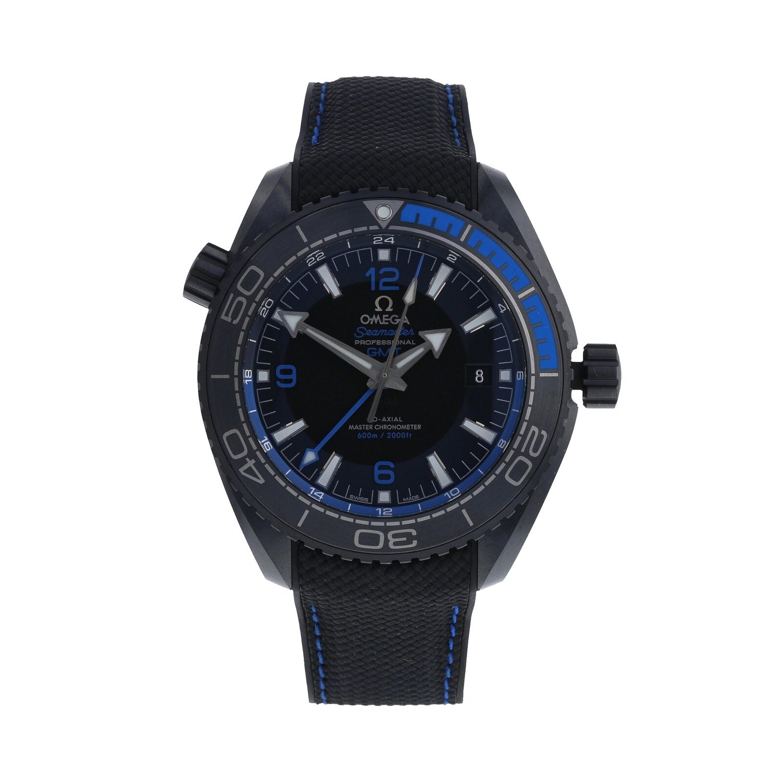 The OMEGA Seamaster Planet Ocean 600M wristwatch features blue accents, a black bezel, and a textured black strap, showing the time as 10:08.