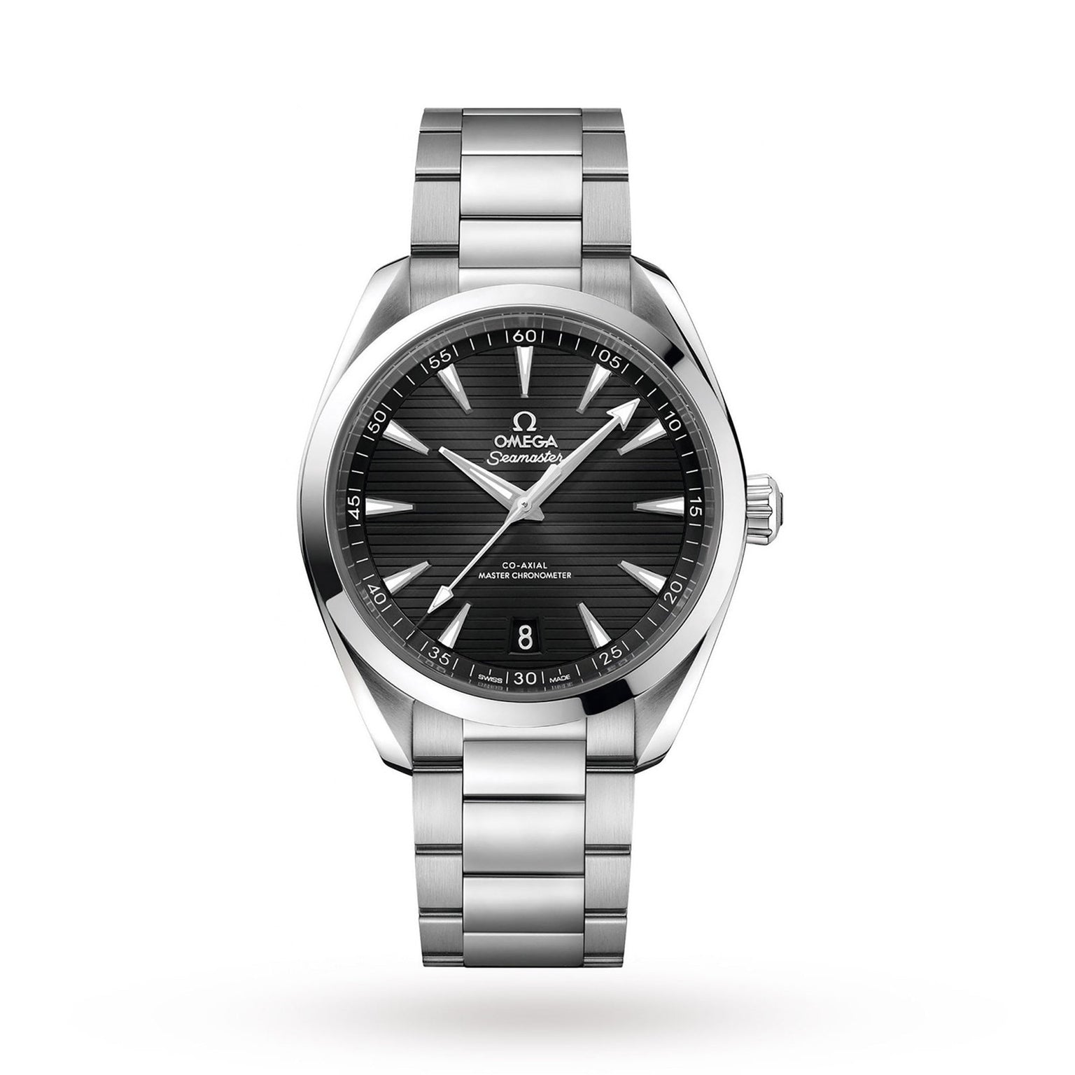 The OMEGA Seamaster Aqua Terra 150M wristwatch features a stainless steel case, black dial with silver hour markers, date window at 6 o’clock, and a metal link bracelet, embodying the brand’s maritime heritage against a white background.