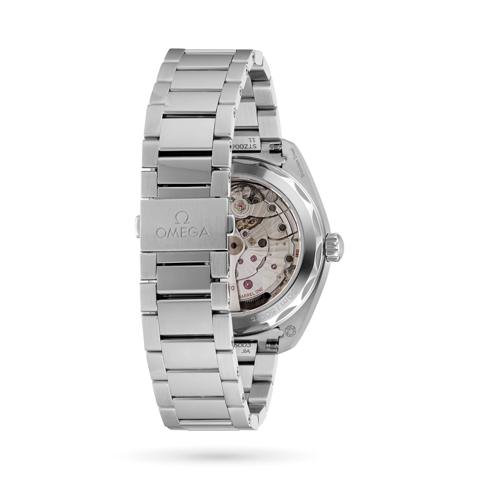 The OMEGA Seamaster Aqua Terra 150M wristwatch, featuring maritime-inspired design and a transparent case back revealing its mechanical movement, is displayed against a white background.