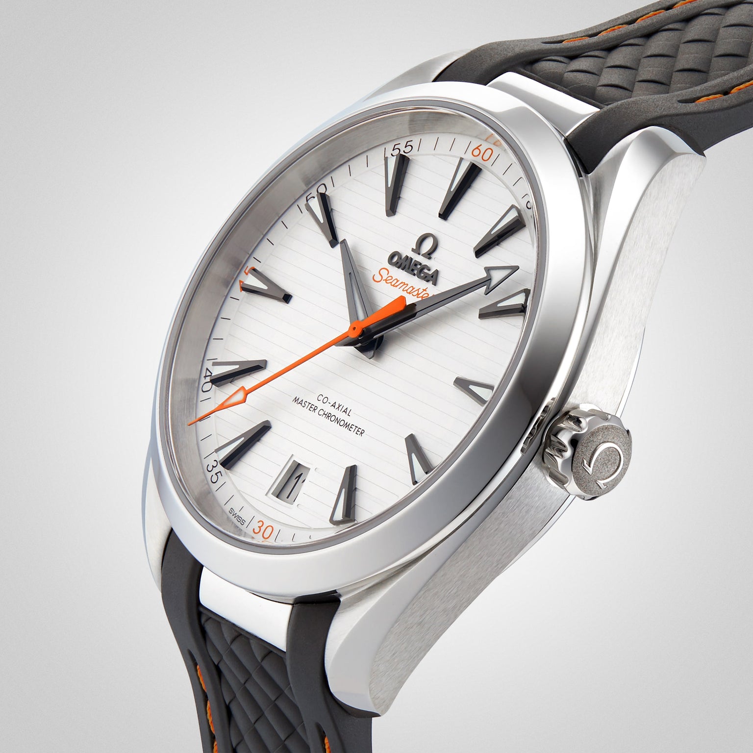 A close-up of the OMEGA Seamaster Aqua Terra 150M watch, featuring a white textured dial, black hour markers, orange accents, and a black rubber strap, highlighting its Master Chronometer certification and 8900 calibre movement.
