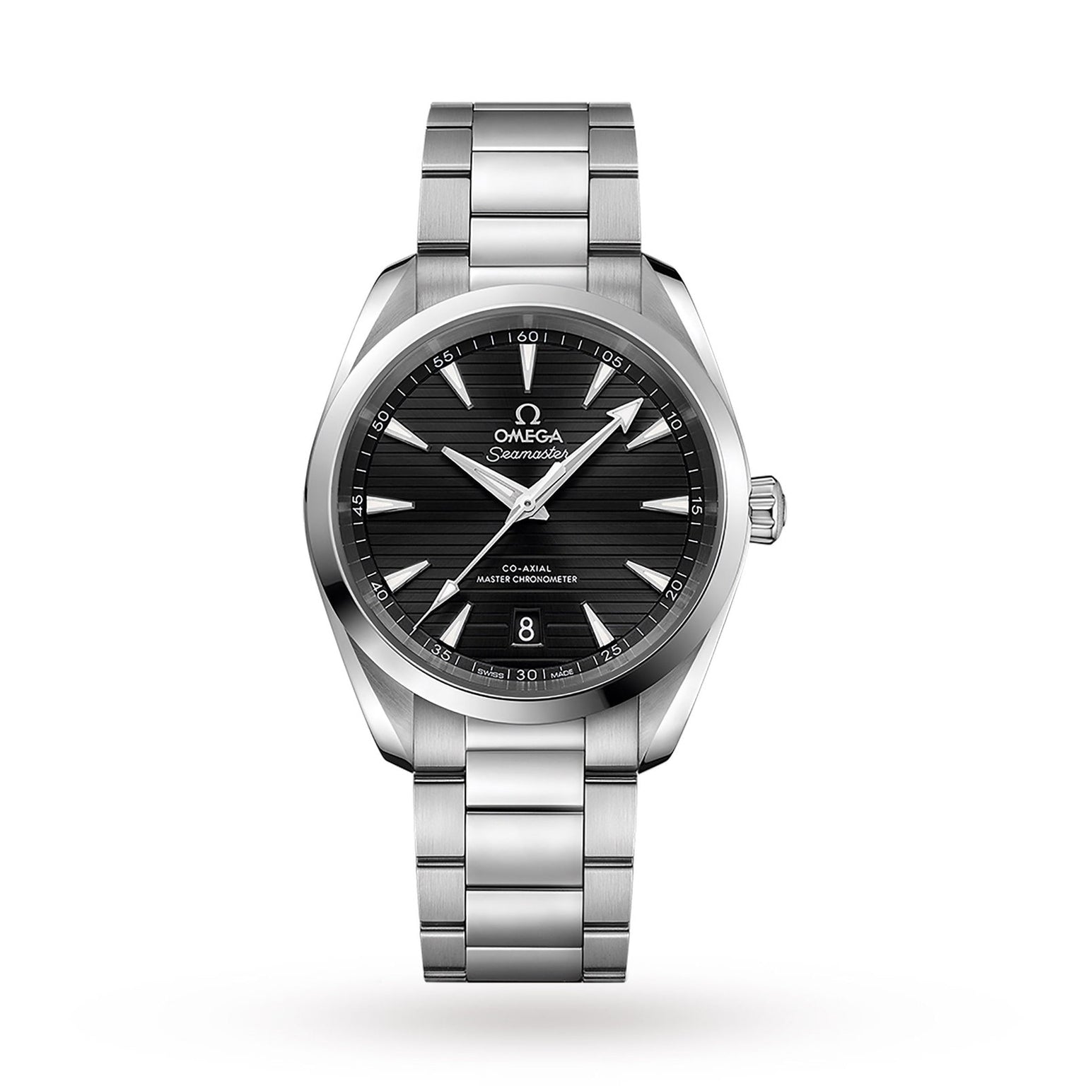 OMEGA Seamaster Aqua Terra 150M wristwatch featuring a black striped dial and metal bracelet, displayed on a white background.