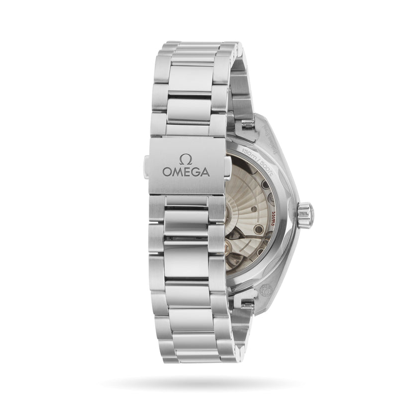 Back view of the OMEGA Seamaster Aqua Terra 150M showing the Omega logo on the clasp and its Master Chronometer 8800 calibre movement through the transparent case back.