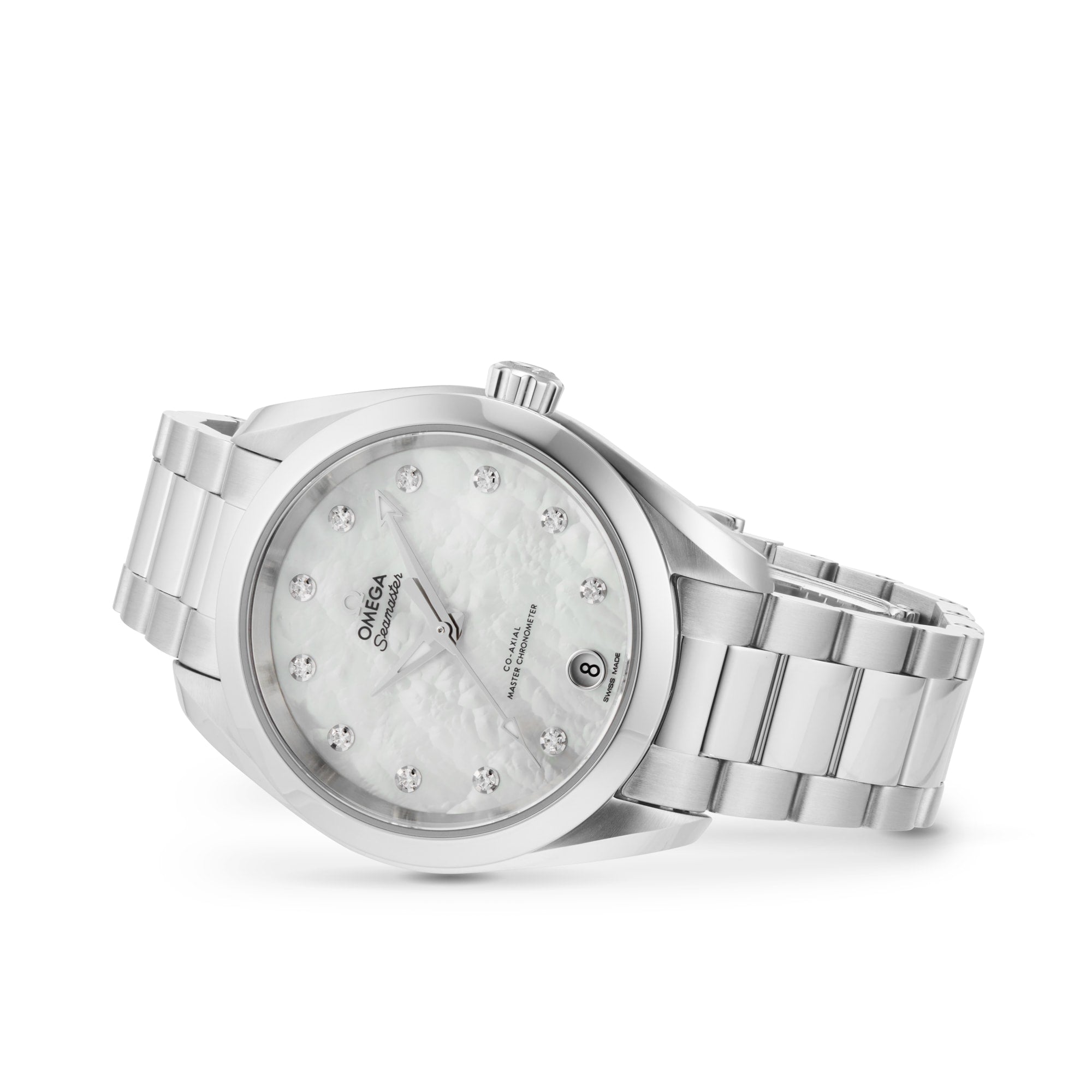 The OMEGA Seamaster Aqua Terra 150M is a silver wristwatch featuring a stainless steel band, mother-of-pearl dial, diamond hour markers, date at 6 o’clock, and is powered by the Master Chronometer 8800 calibre movement.