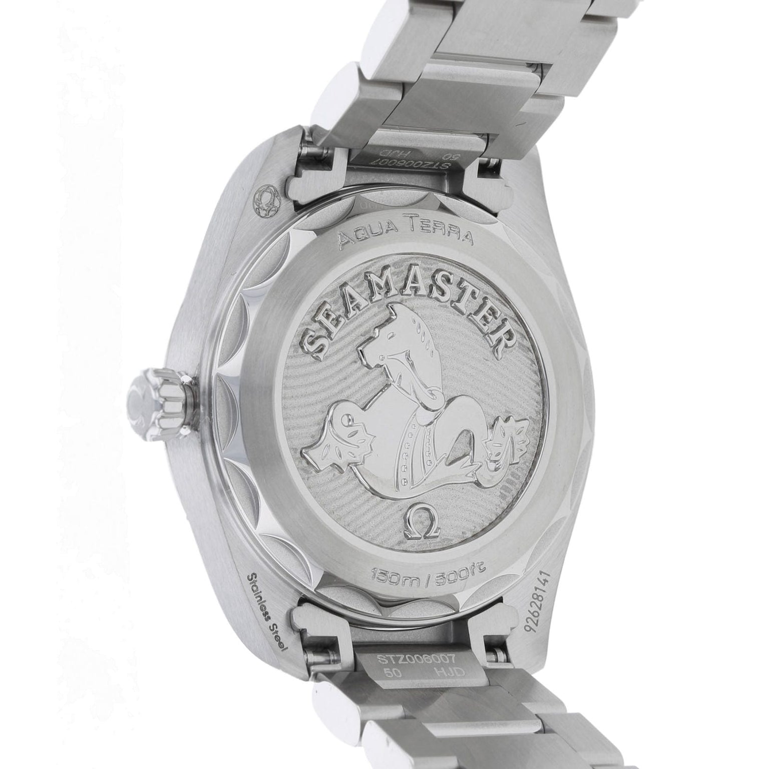 The reverse of the OMEGA Seamaster Aqua Terra 150M showcases engraved branding, a distinctive seahorse emblem, and precise technical details on its stainless steel case.