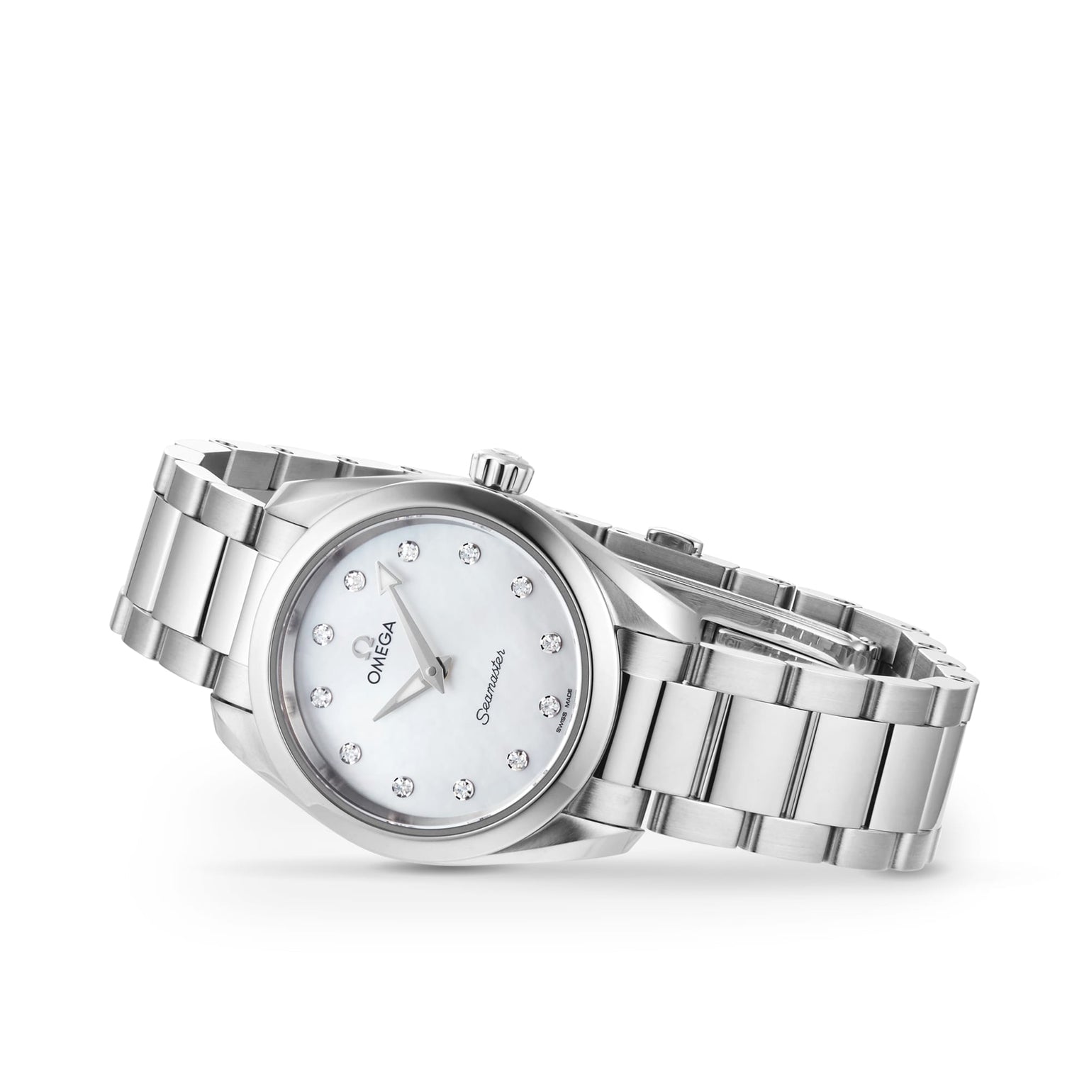 An OMEGA Seamaster Aqua Terra 150M wristwatch with a silver metal band and a white dial adorned with diamond hour markers, shown on a white background.
