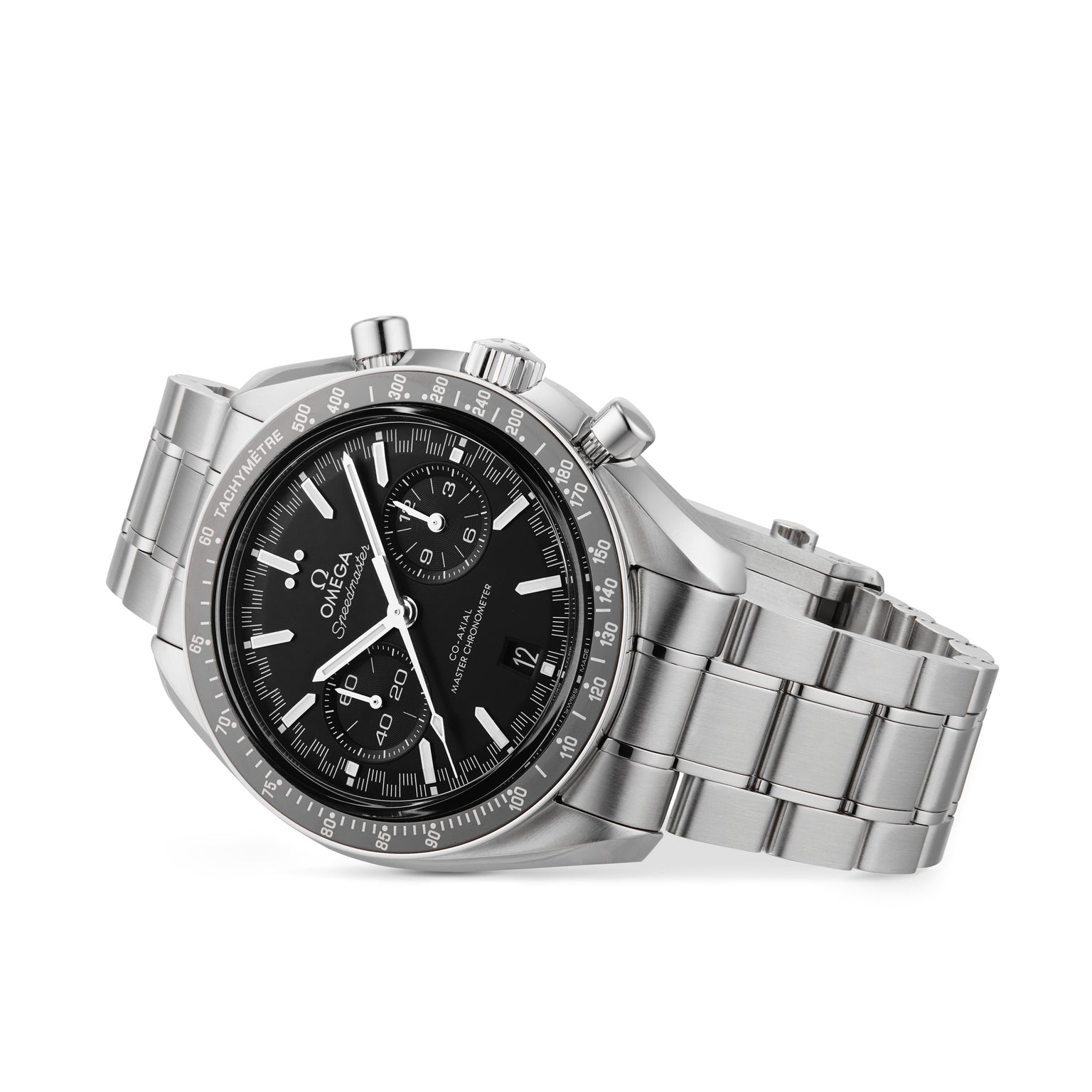 An OMEGA Speedmaster Racing chronograph wristwatch with a black dial, three subdials, Liquidmetal™ tachymeter bezel, and date display, shown at a slight angle.