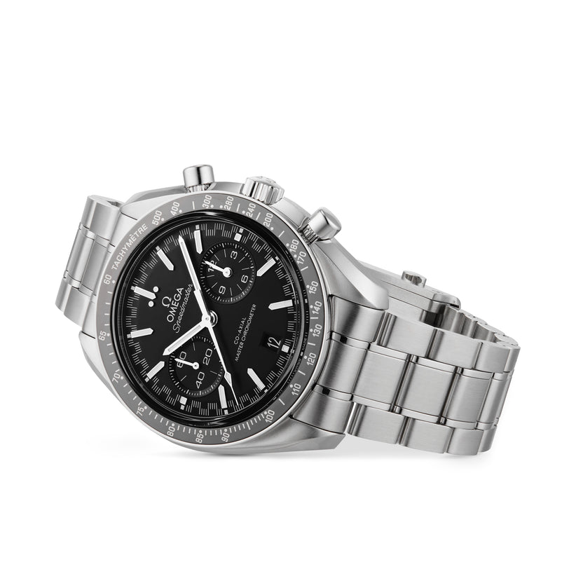 An OMEGA Speedmaster Racing chronograph wristwatch with a black dial, three subdials, Liquidmetal™ tachymeter bezel, and date display, shown at a slight angle.